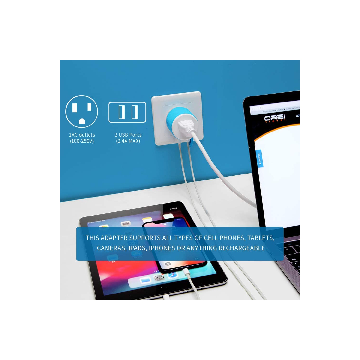 U2U-10 India, Népal, Maldives Adaptateur de prise de voyage - double USB - protection contre les surtensions - type D.