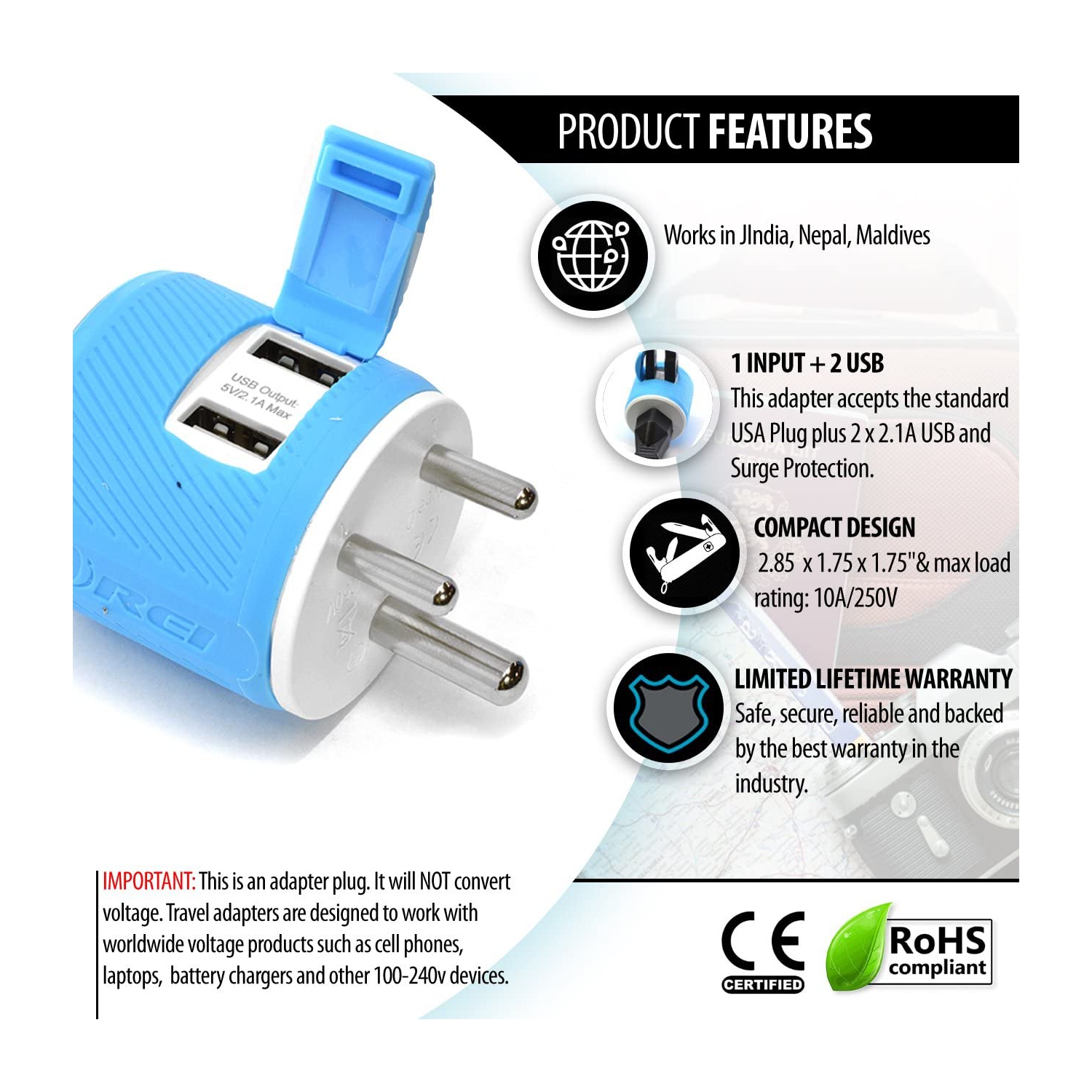 U2U-10 India, Népal, Maldives Adaptateur de prise de voyage - double USB - protection contre les surtensions - type D.