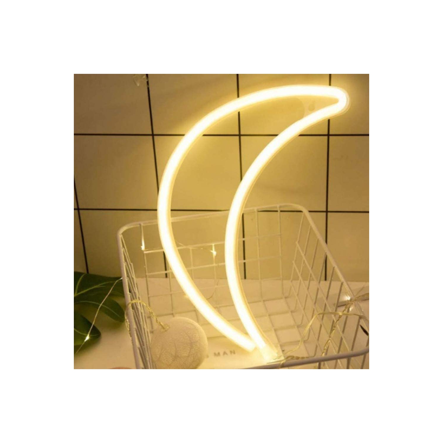Décoration murale lumineuse néon à DEL en forme de lune, blanc chaud, à piles, lumière néon, alimenté par USB