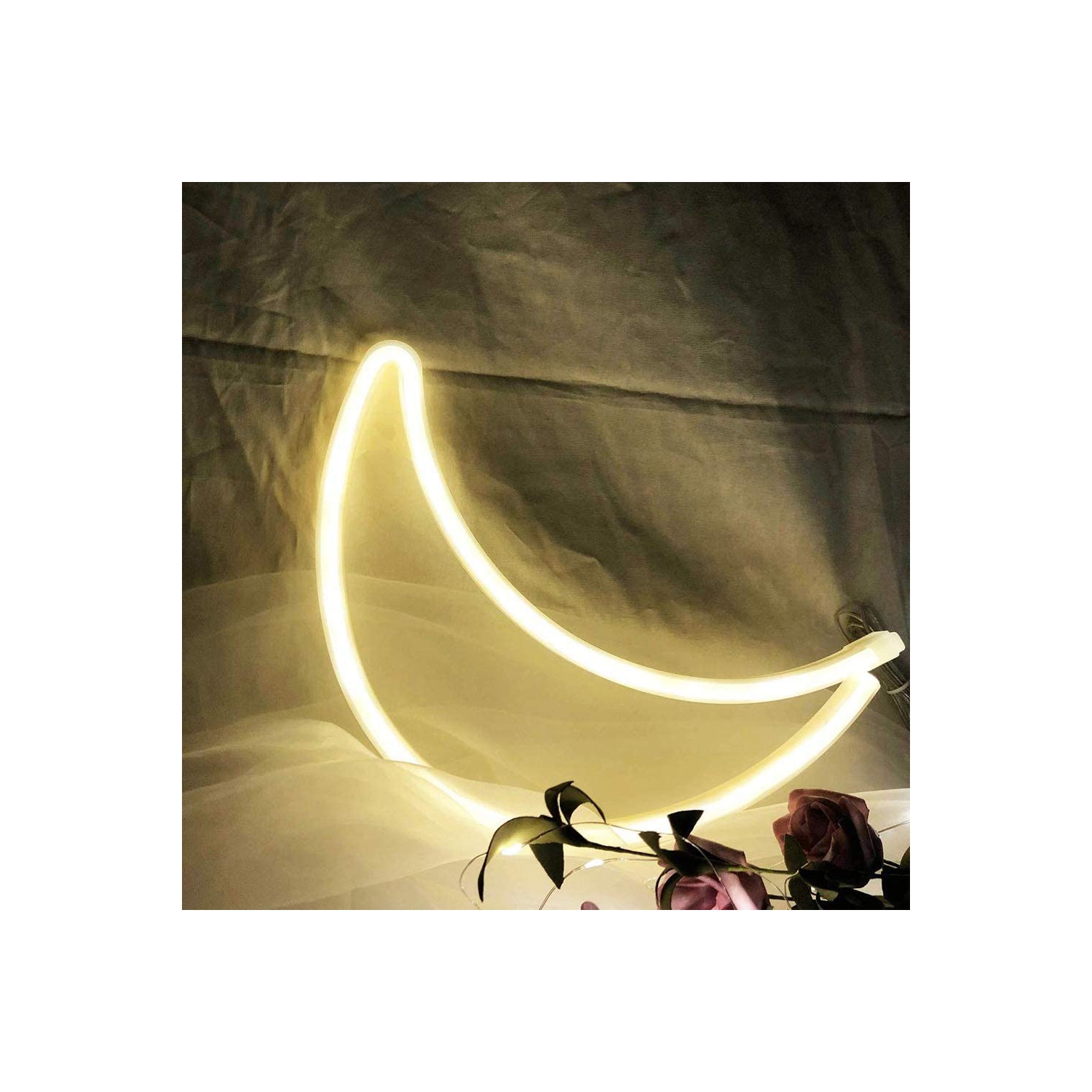 Décoration murale lumineuse néon à DEL en forme de lune, blanc chaud, à piles, lumière néon, alimenté par USB