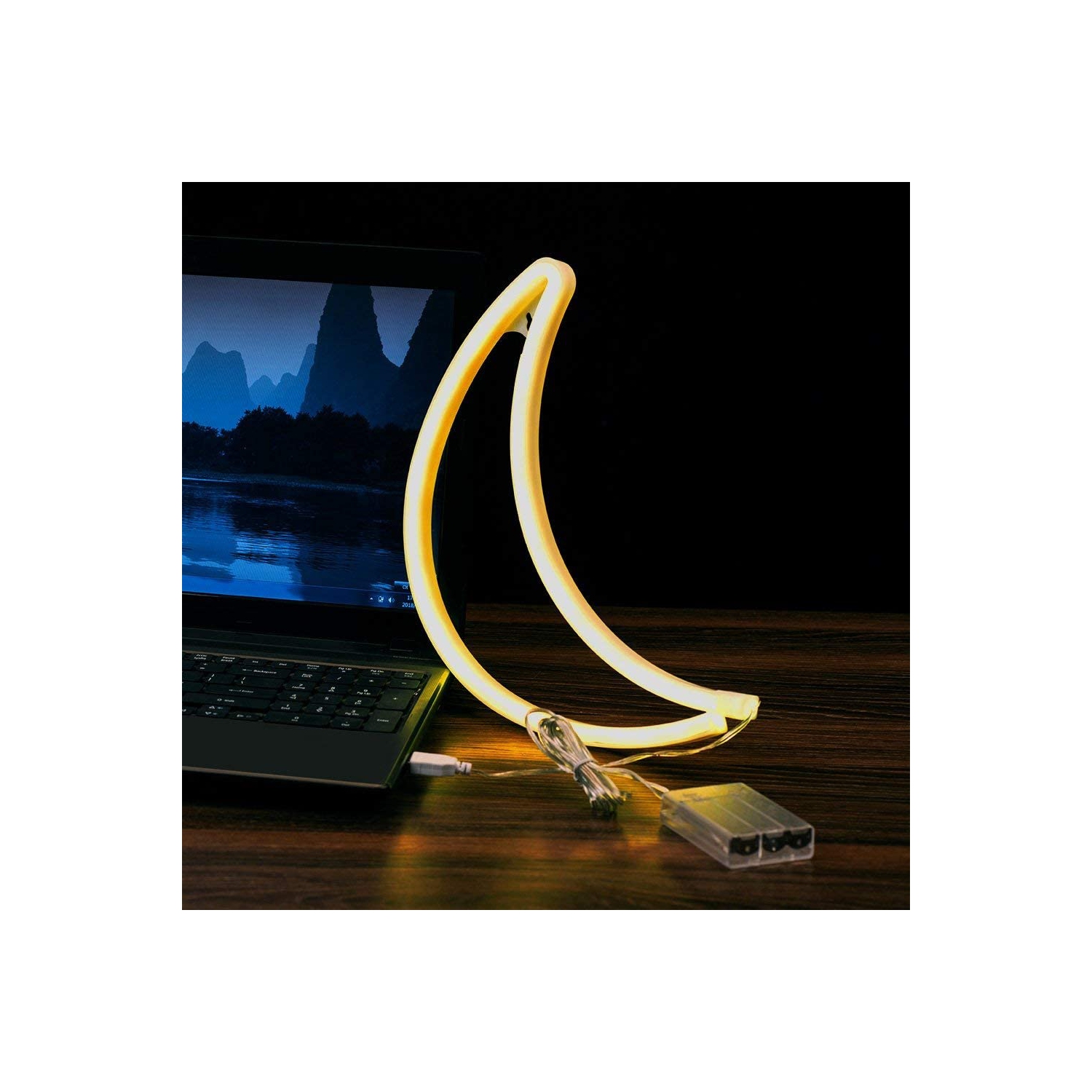 Décoration murale lumineuse néon à DEL en forme de lune, blanc chaud, à piles, lumière néon, alimenté par USB