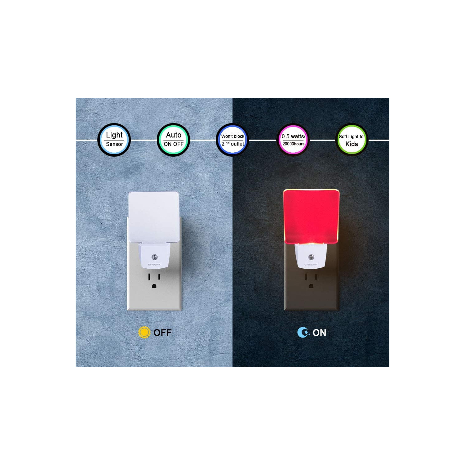 Paquet de 2 lampes de nuit à DEL rouges, éclairage de nuit automatique, capteur de lumière du crépuscule à l’aube