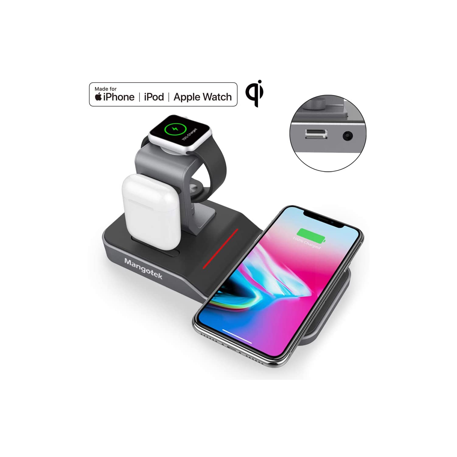 Apple Watch Stand Wireless Charger for iPhone and iWatch, 4 in 1 Phone Charging Station with Lightning