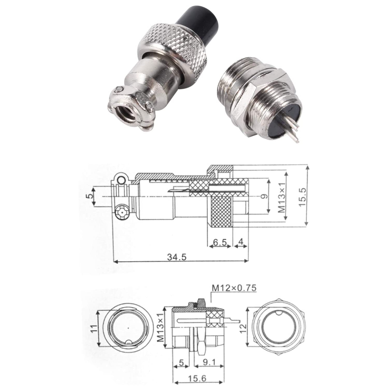 Connecteur de prise de type aviation, 10 paires montage, vis à filetage de 12 mm de diamètre, métal, type aviation mâle, connecteurs de douille