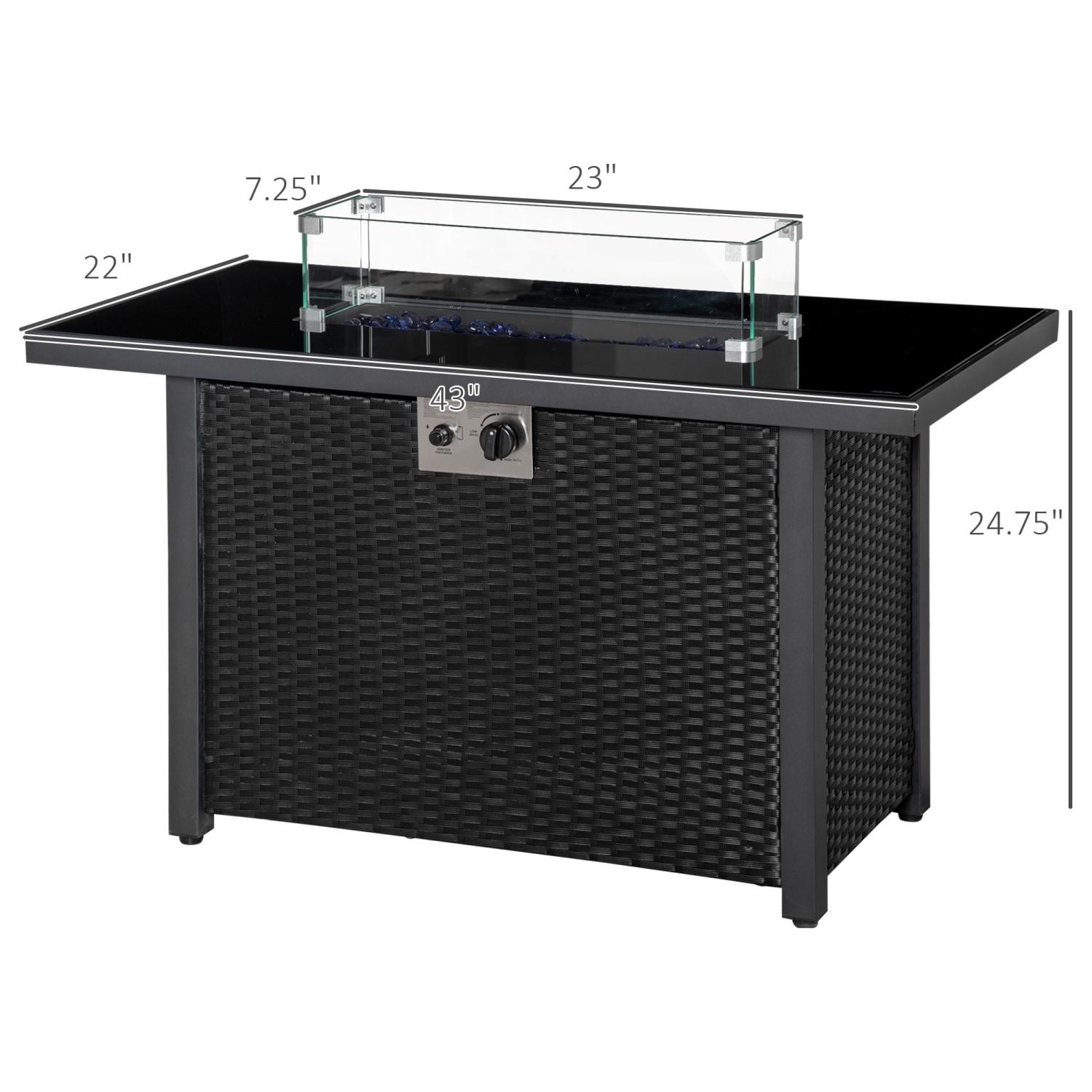 Outsunny Propane Fire Pit Table 43" Outdoor Fire Table, 50,000 BTU Pulse-Ignition Wicker Firepit Furniture with Glass Wind Guard, Blue Glass Rock,