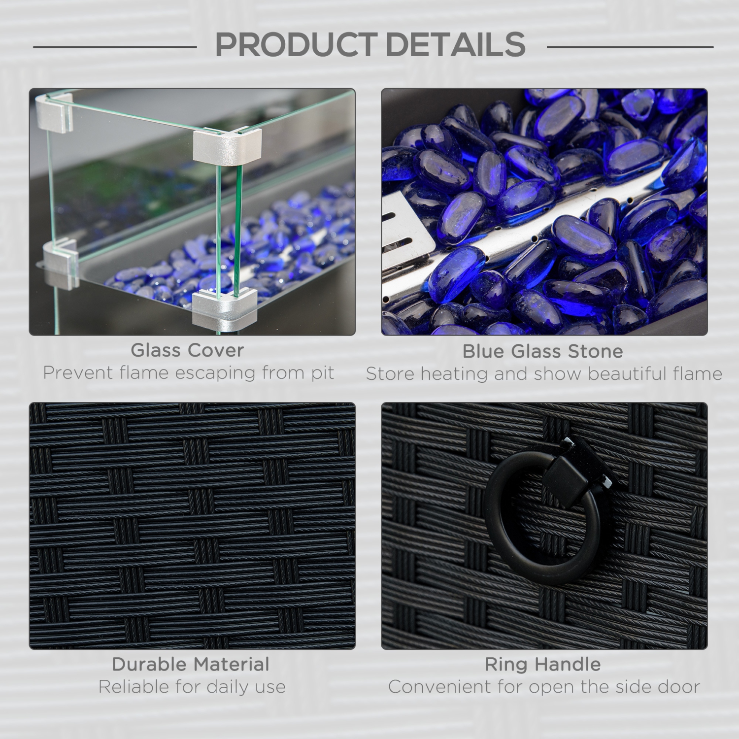 Outsunny Propane Fire Pit Table 43" Outdoor Fire Table, 50,000 BTU Pulse-Ignition Wicker Firepit Furniture with Glass Wind Guard, Blue Glass Rock,