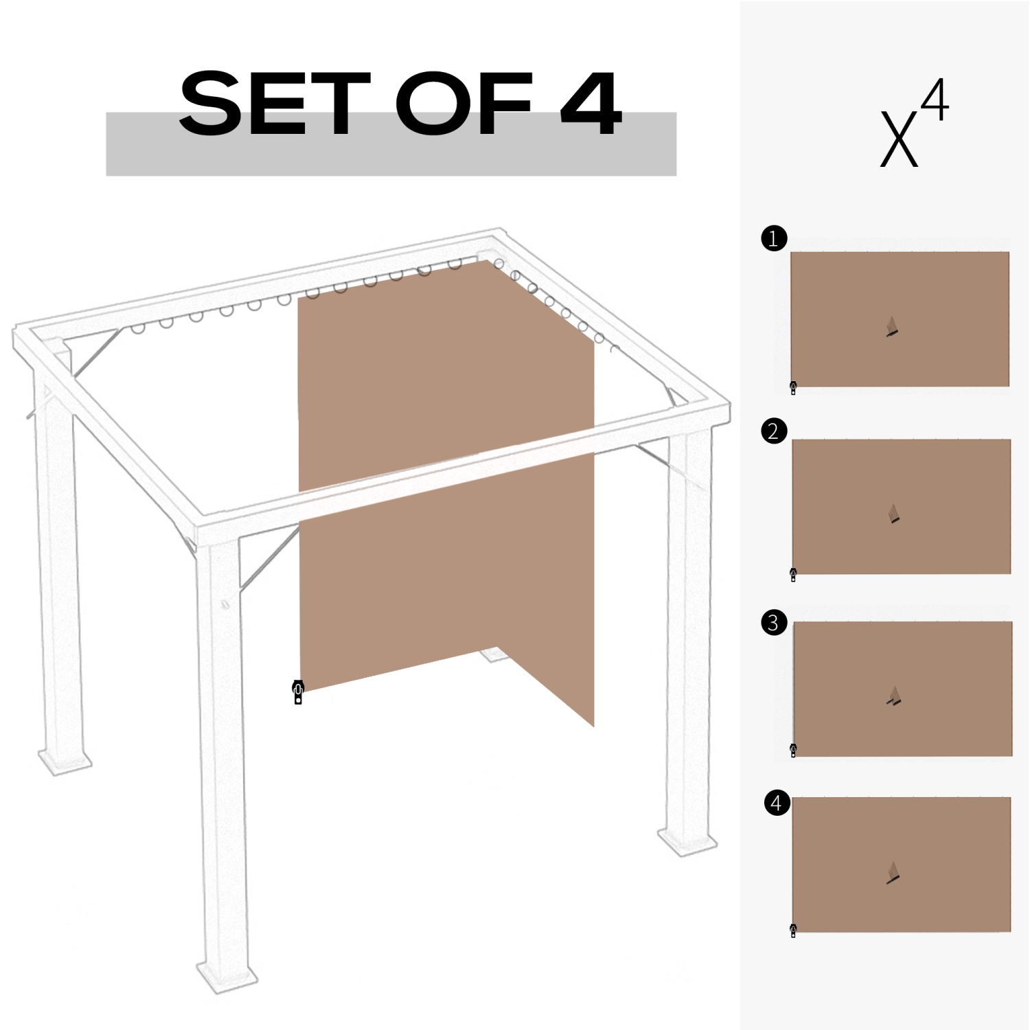 Outsunny 10' x 10' Universal Gazebo Sidewall Set with 4 Panels, Hooks/C-Rings Included for Pergolas & Cabanas, Brown