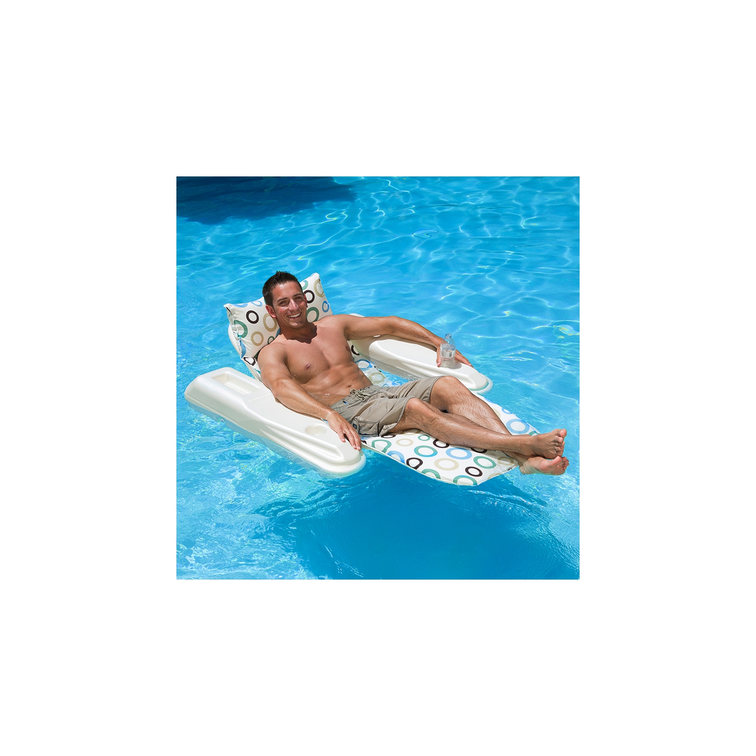 62" White and Blue Rio Sun Mod Dots Adjustable Floating Pool Chaise Lounge