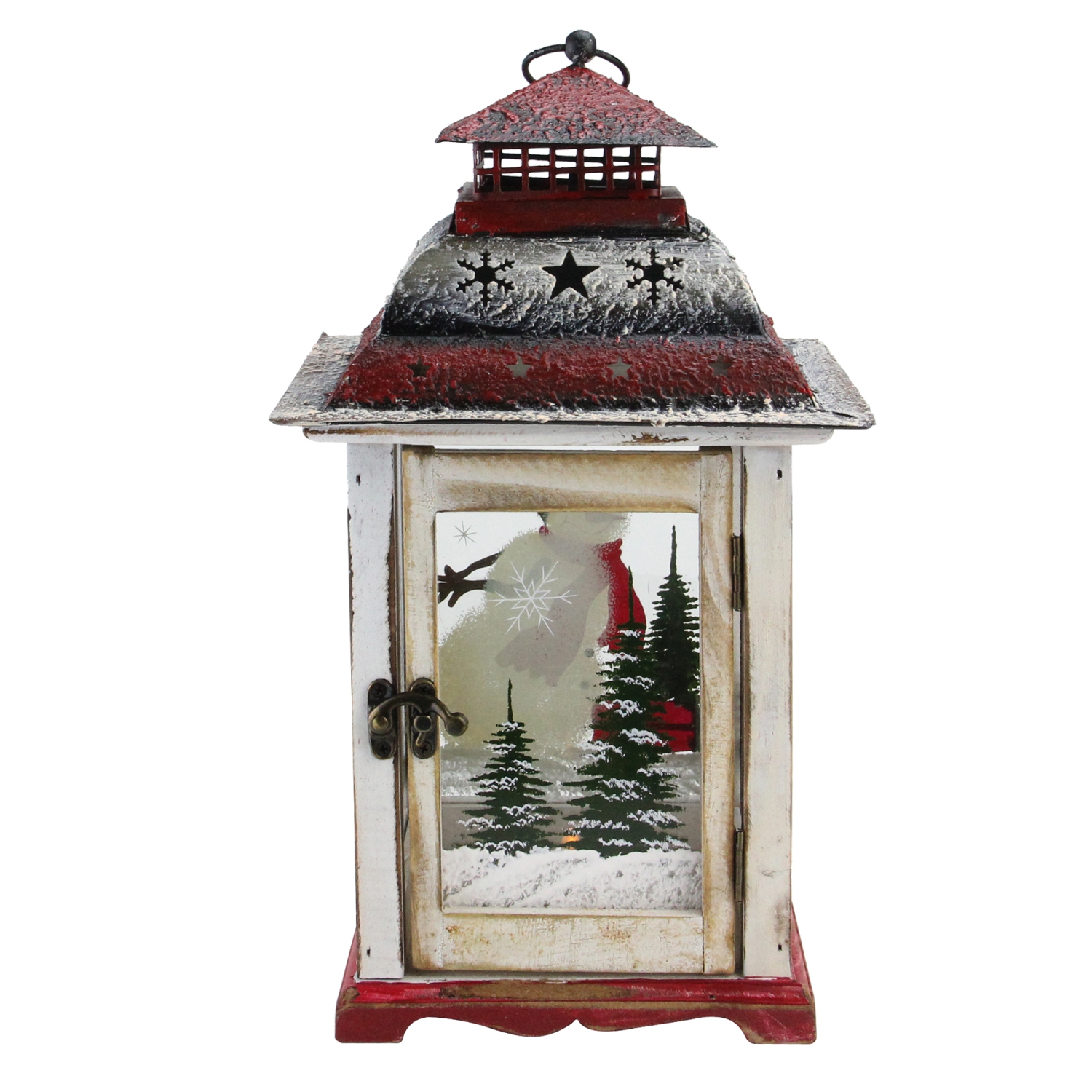 14.5" Red and White Snowman Holiday Scene Christmas Pillar Candle Lantern