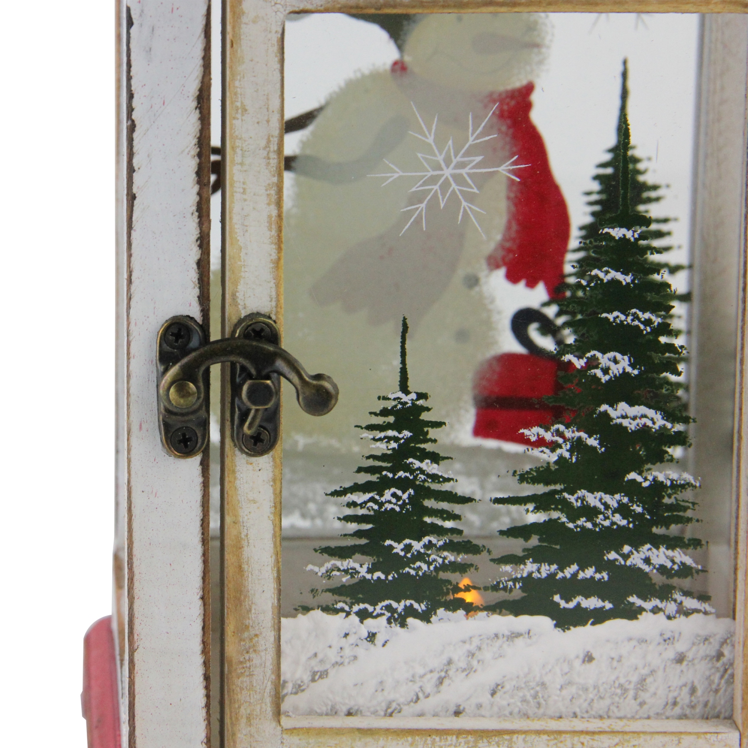 14.5" Red and White Snowman Holiday Scene Christmas Pillar Candle Lantern