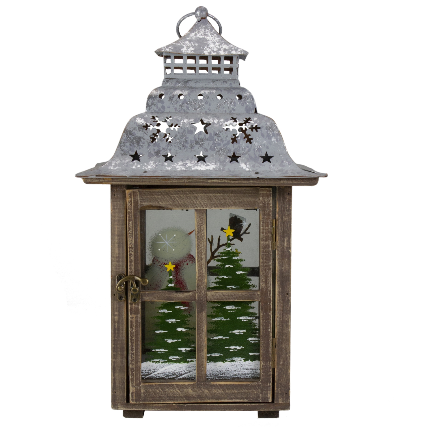 16.5" Rustic Wooden Snowman Holiday Scene Christmas Pillar Candle Lantern