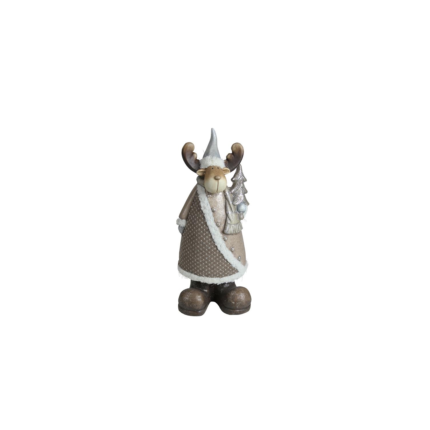 15.75" Brown and White Reindeer with Christmas Tree Tabletop Figurine