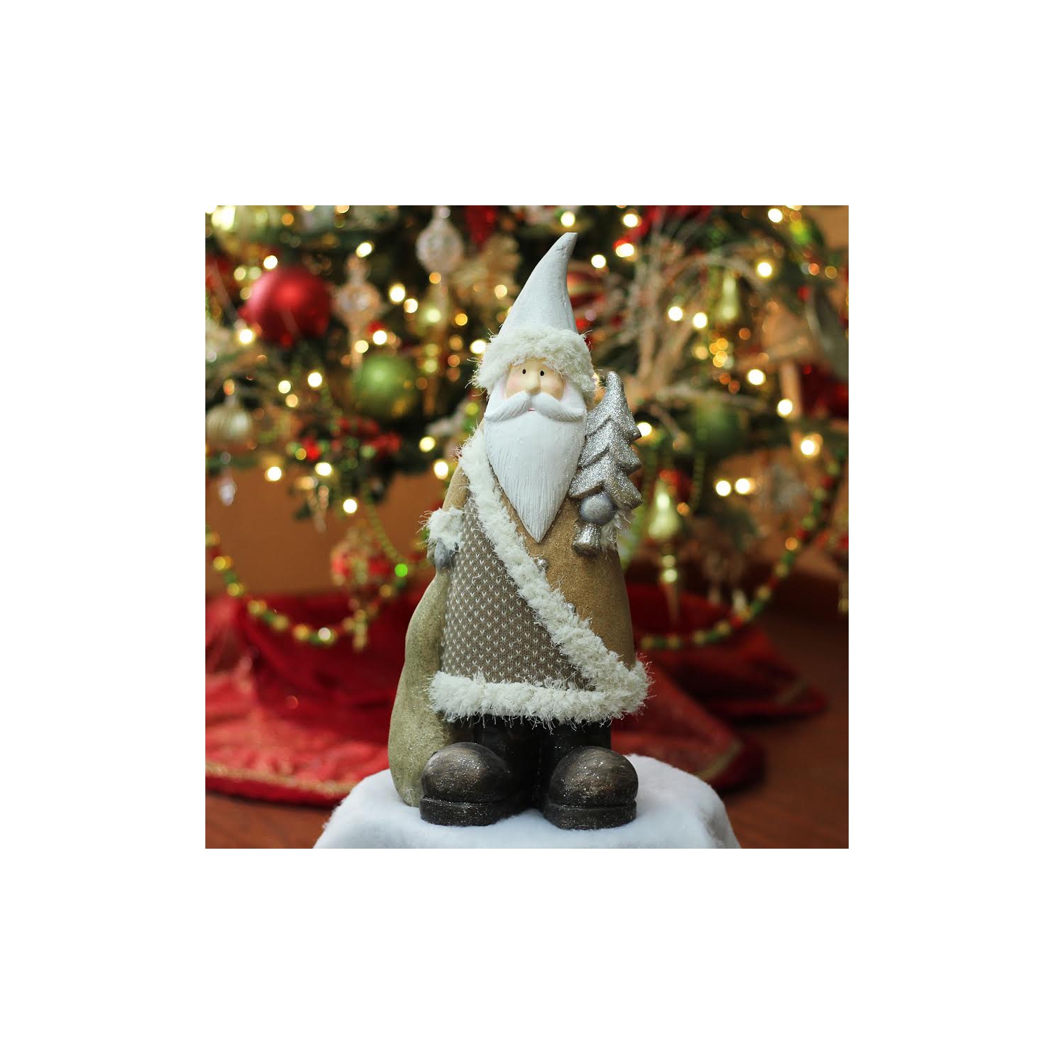 18.5" Brown and White Santa Holding Christmas Tree Tabletop Figurine
