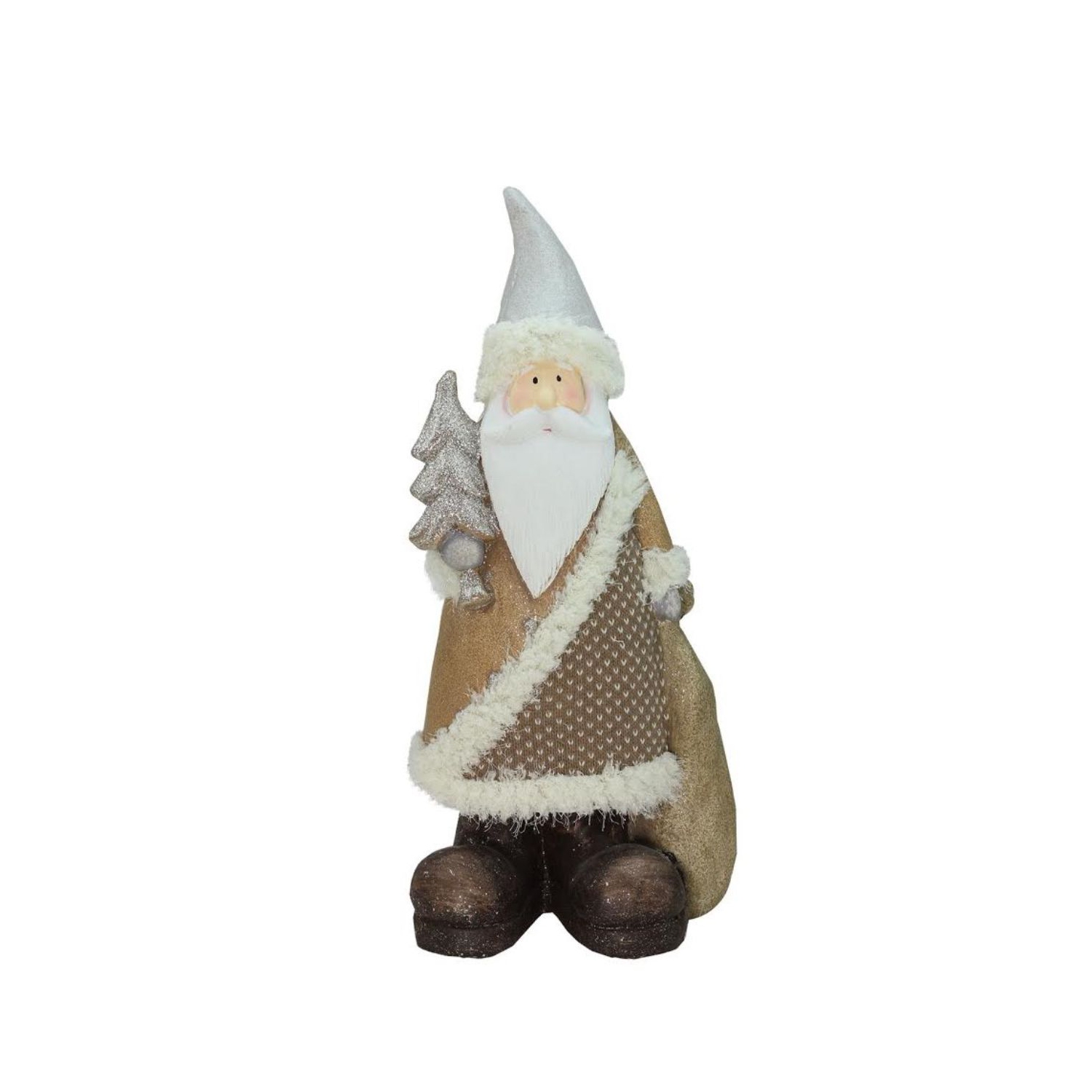 18.5" Brown and White Santa Holding Christmas Tree Tabletop Figurine