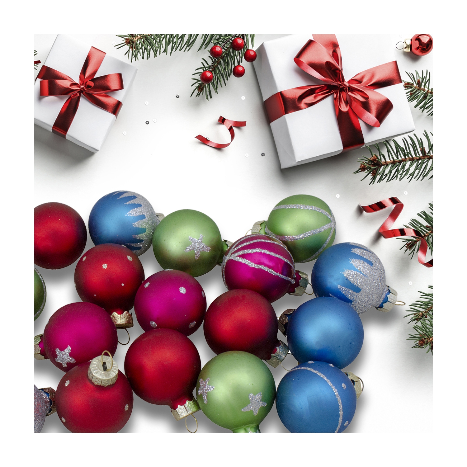 Set of 20 Glass Christmas Decorations and Tree Topper 1.25"