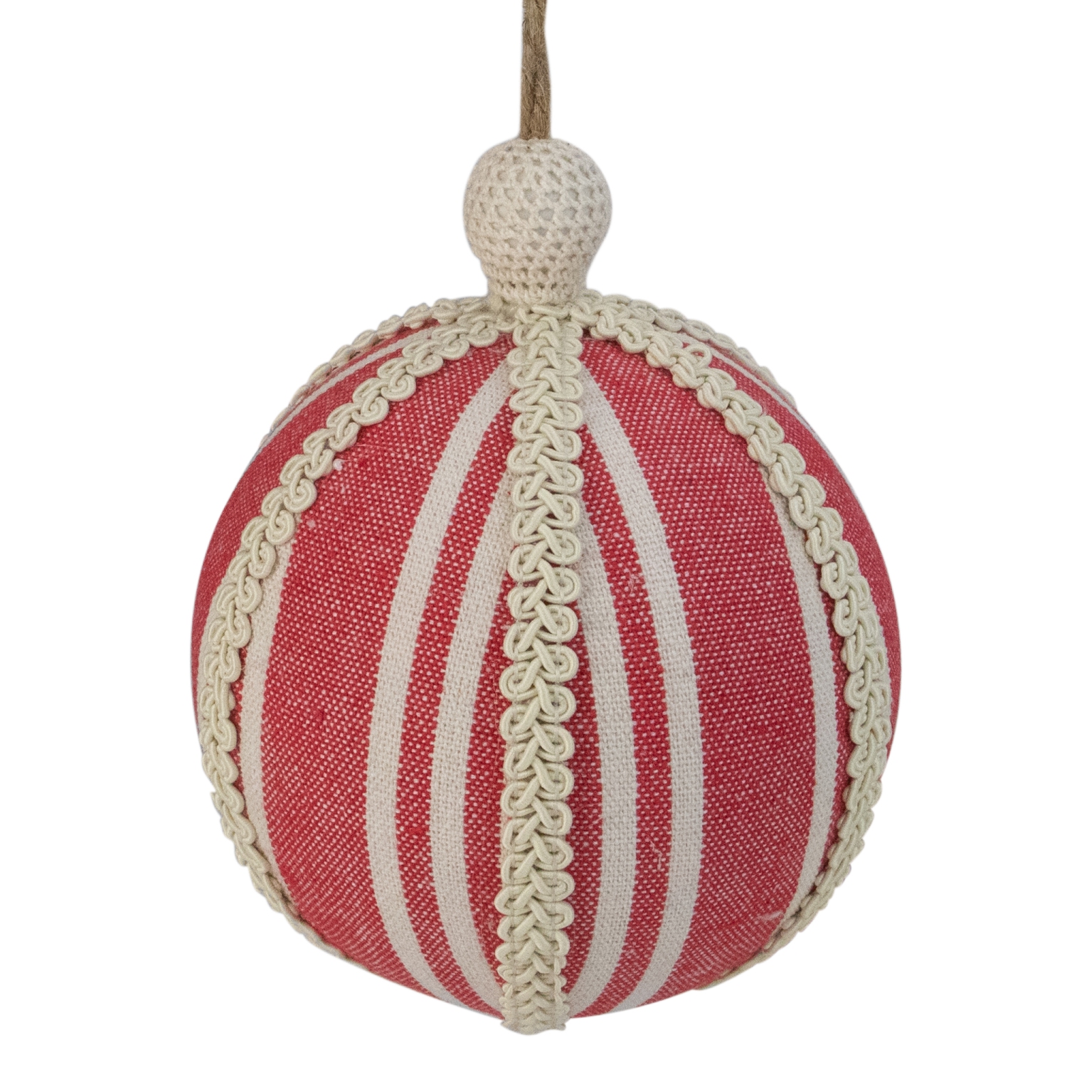 Red Striped and Ribboned Christmas Ball Ornament 6.75"
