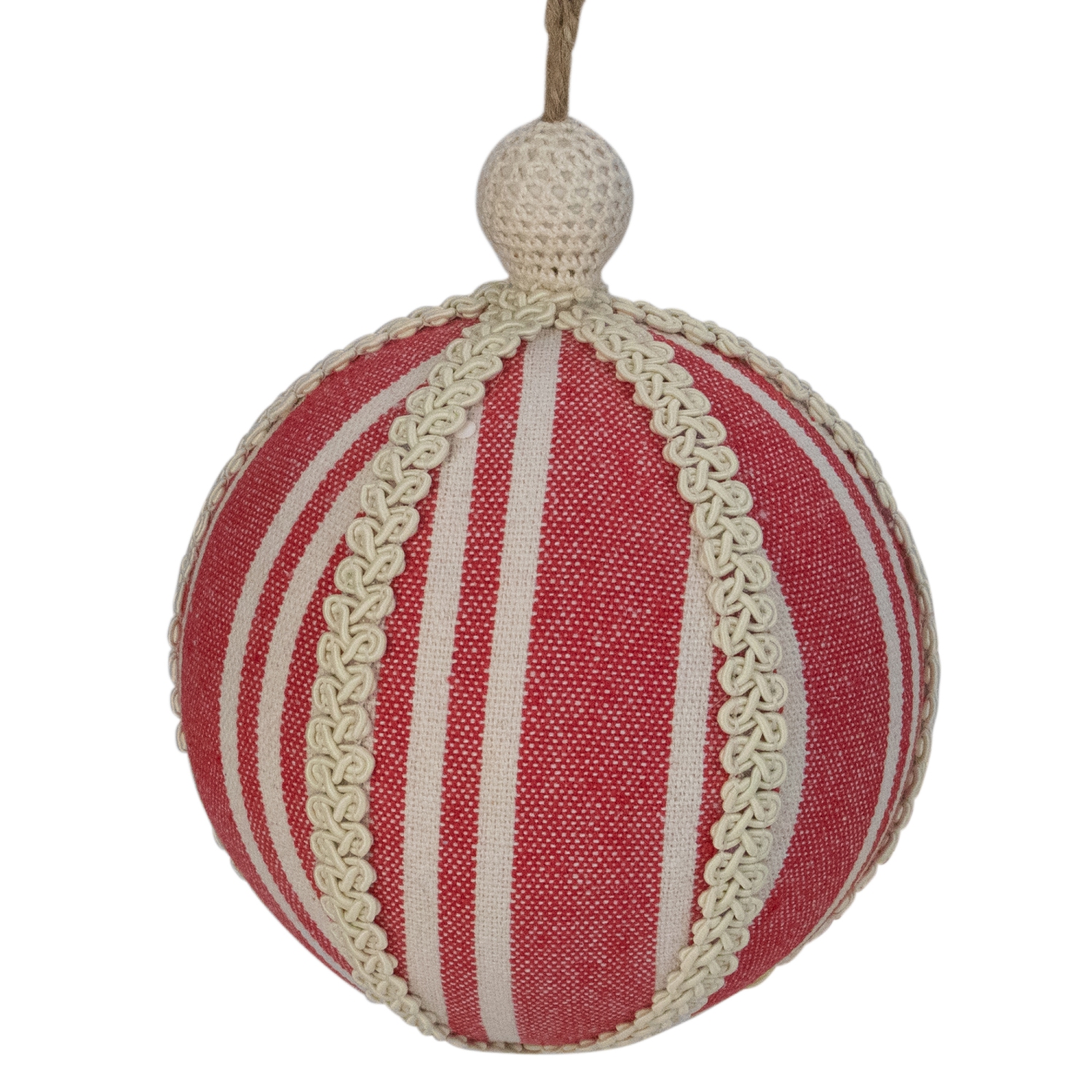 Red Striped and Ribboned Christmas Ball Ornament 6.75"