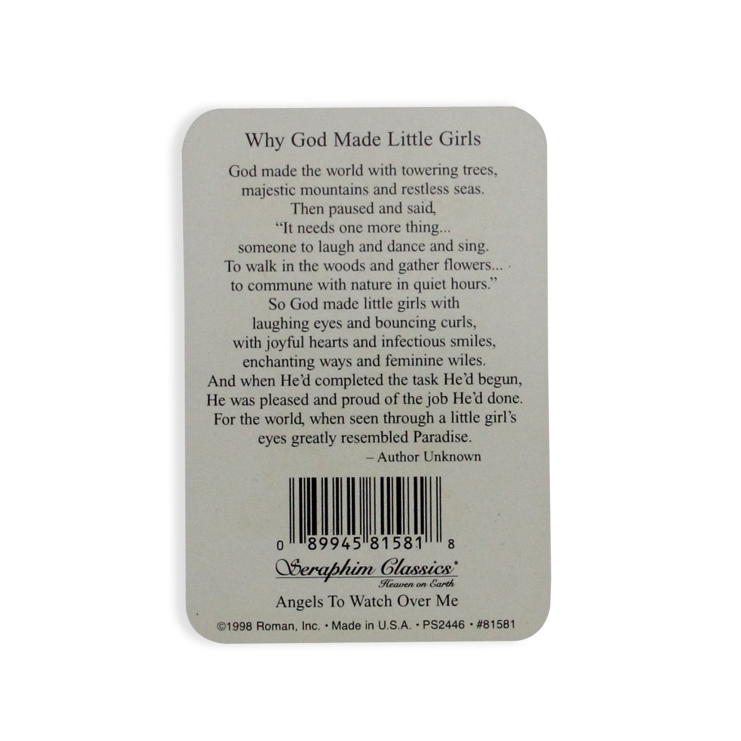 Club Pack Of 25 Seraphim Classics "Why God Made Little Girls" Prayer Cards #81581