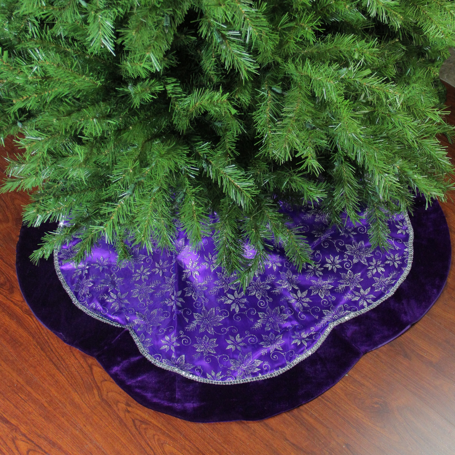 48" Purple and Silver Glittered Floral Christmas Tree Skirt