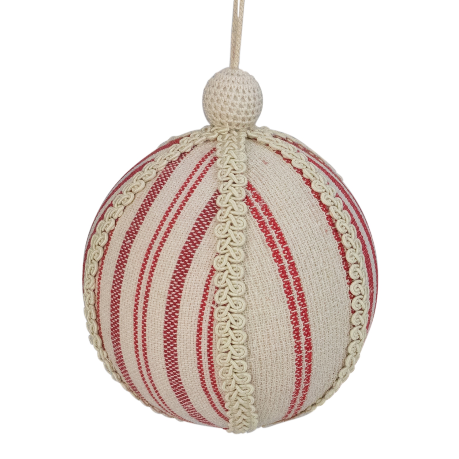 6" White and Red Striped Ball Christmas Ornament with Rope Accent