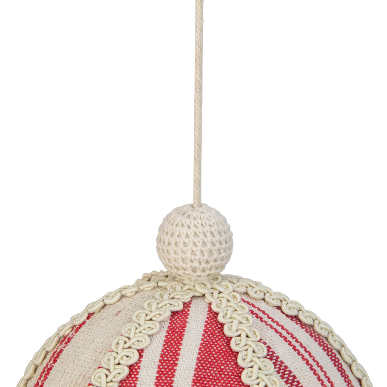 6" White and Red Striped Ball Christmas Ornament with Rope Accent
