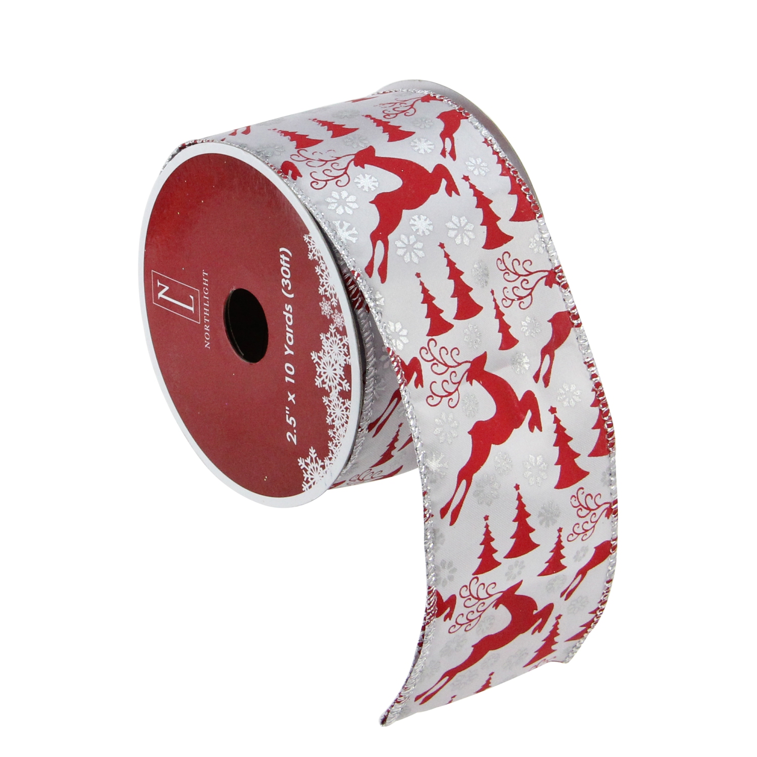 Pack of 12 Silver and Red Flying Reindeer Christmas Wired Craft Ribbon Spools - 2.5" x 120 Yards