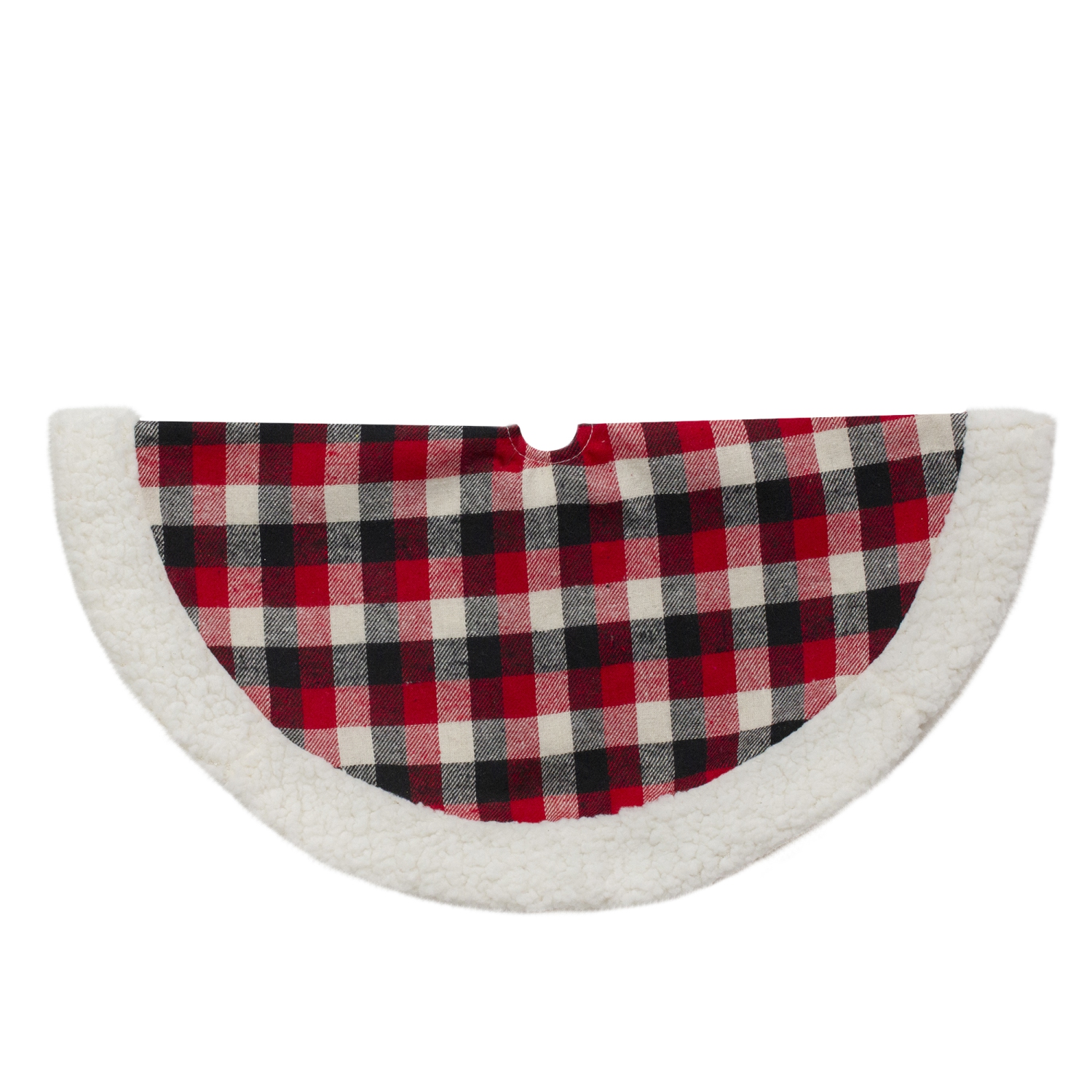 20-Inch Red, Black, and Ivory Plaid Mini Christmas Tree Skirt with Sherpa Trim