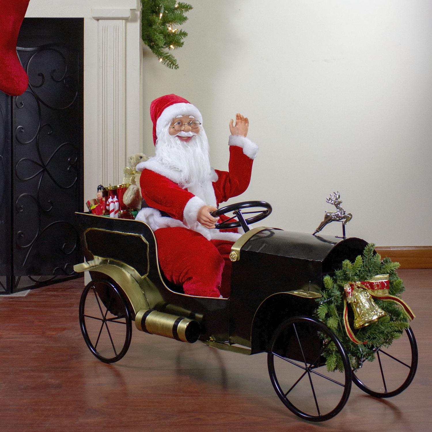 33" Santa Delivering Presents in a Black and Gold Vintage Car Christmas Decoration