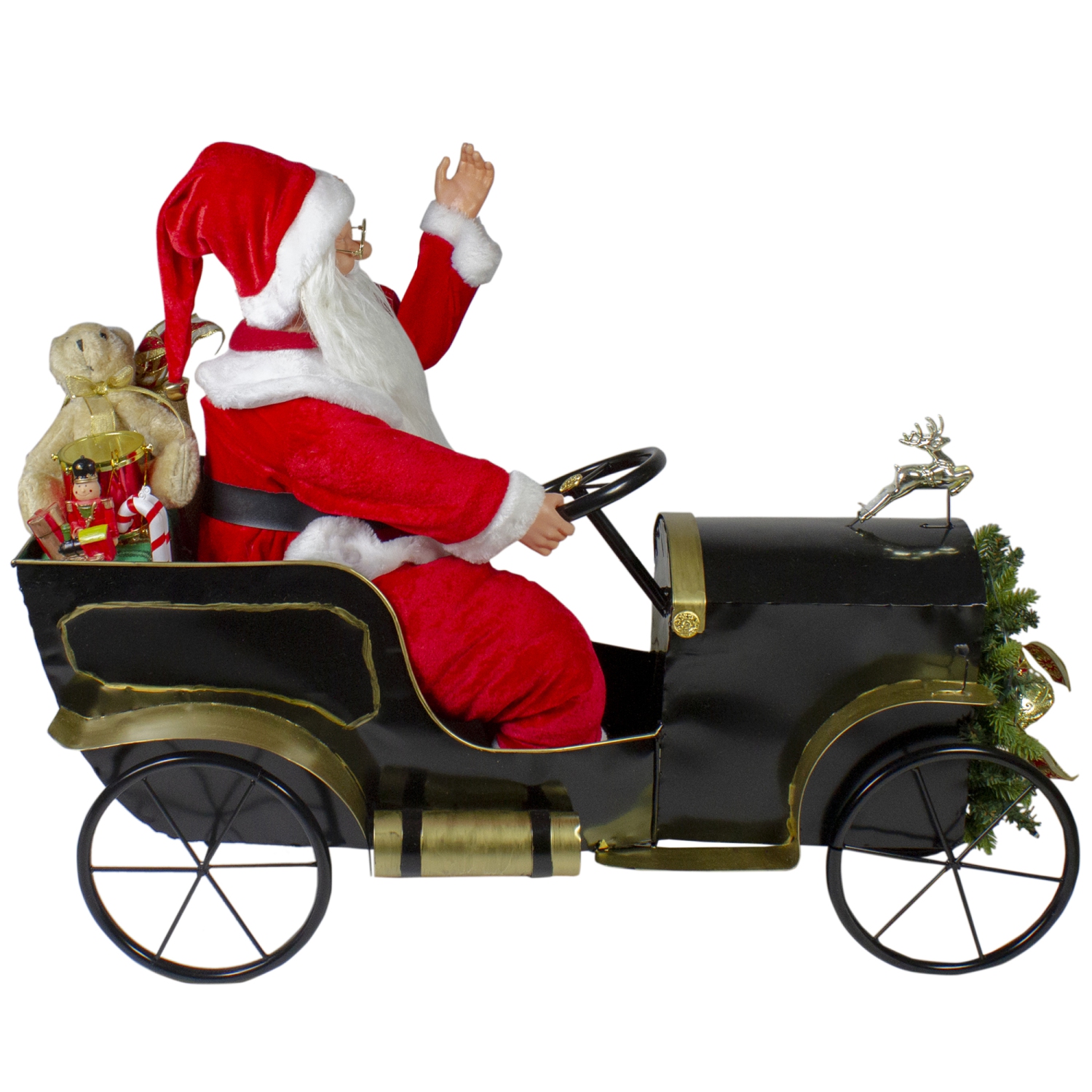 33" Santa Delivering Presents in a Black and Gold Vintage Car Christmas Decoration