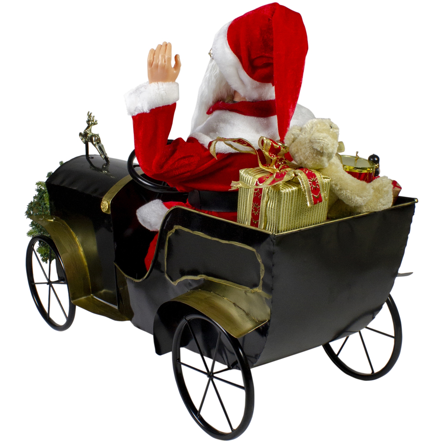 33" Santa Delivering Presents in a Black and Gold Vintage Car Christmas Decoration