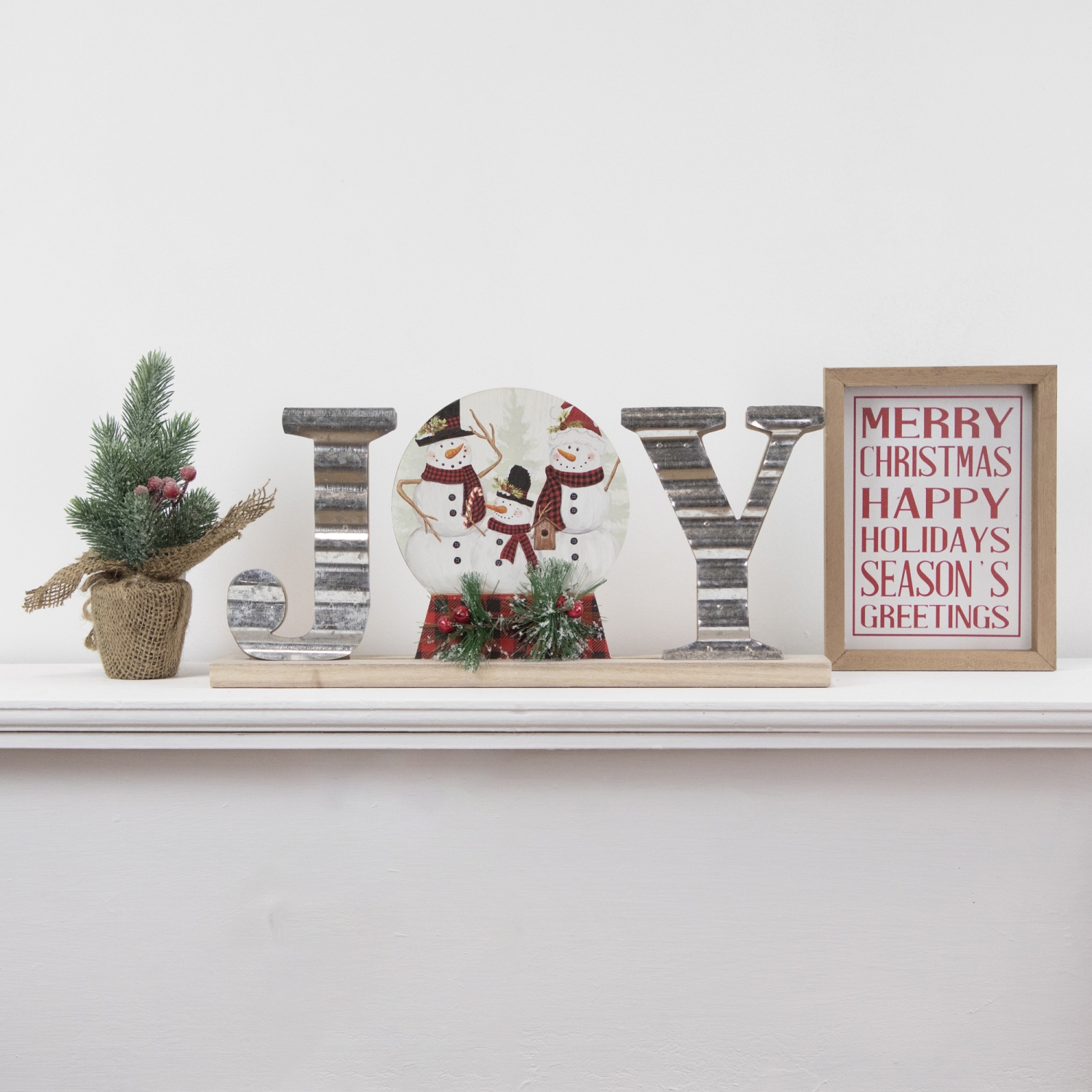 15" Galvanized Metal and Wooden 'Joy' Snowman Family Christmas Sign