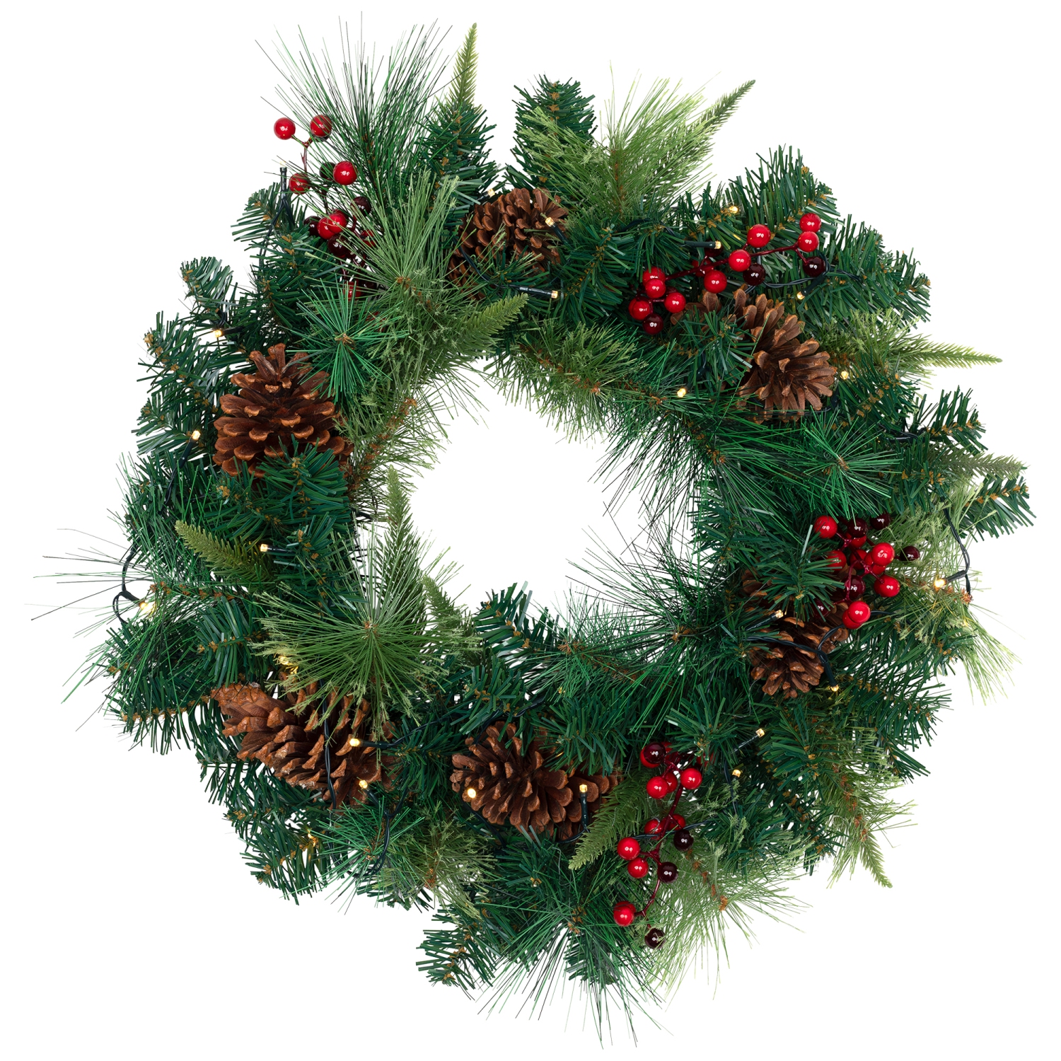 24" Pre-Lit Artificial Mixed Pine and Berries Christmas Wreath