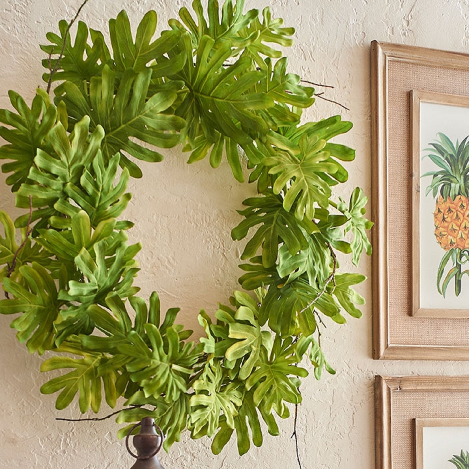 Philodendron Leaves and Twigs Artificial Tropical Wreath - 26-Inch, Unlit