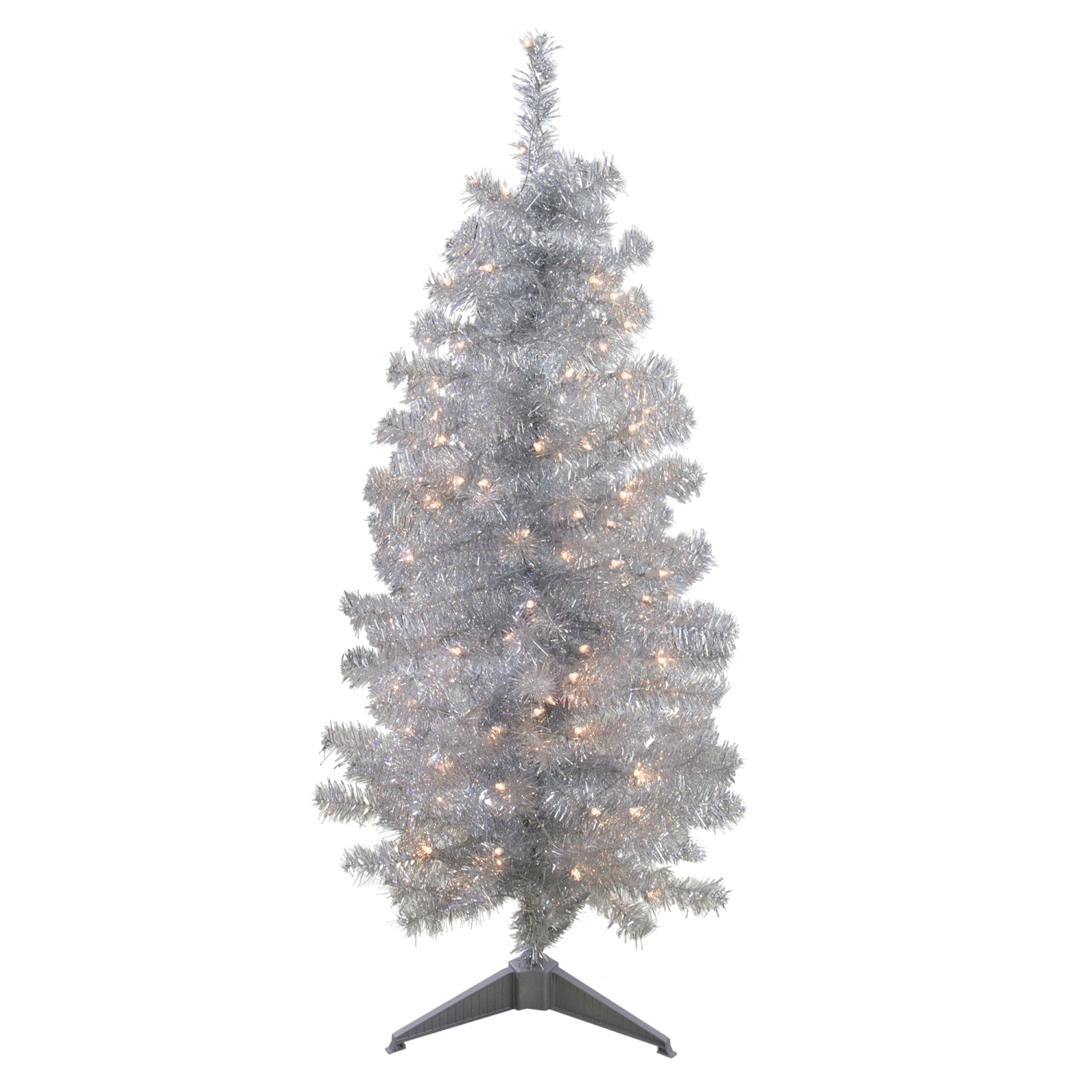4' x 22" Pre-Lit Slim Silver Artificial Tinsel Christmas Tree - Clear Lights