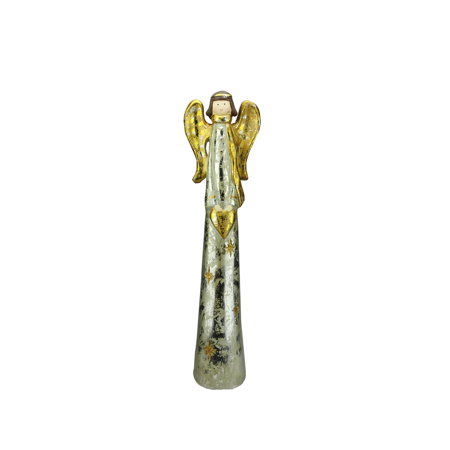 23.5" Silver and Gold Distressed Finish Angel with Heart Christmas Tabletop Figurine
