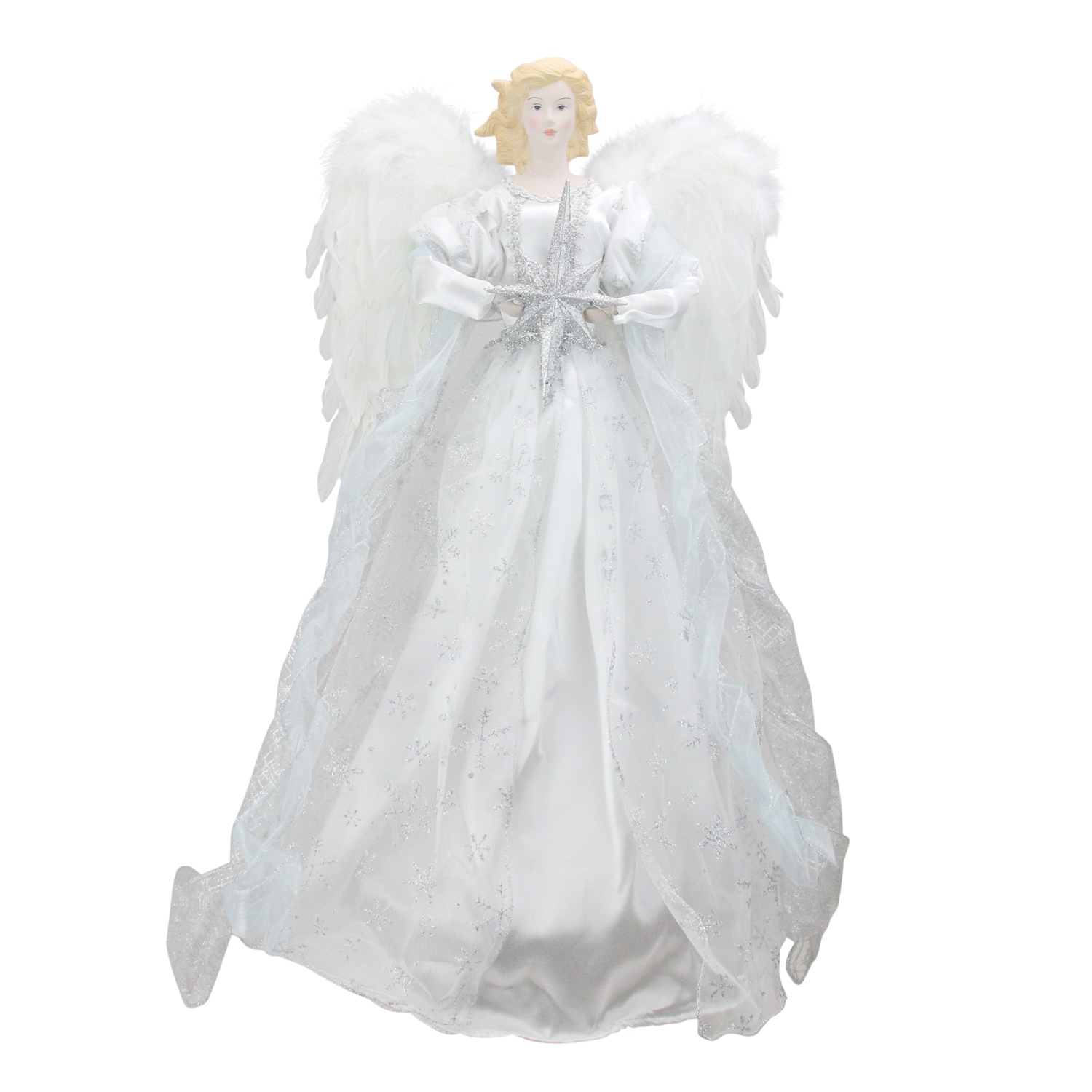 22" White and Silver Glitter Angel with Star Hanging Christmas Decoration