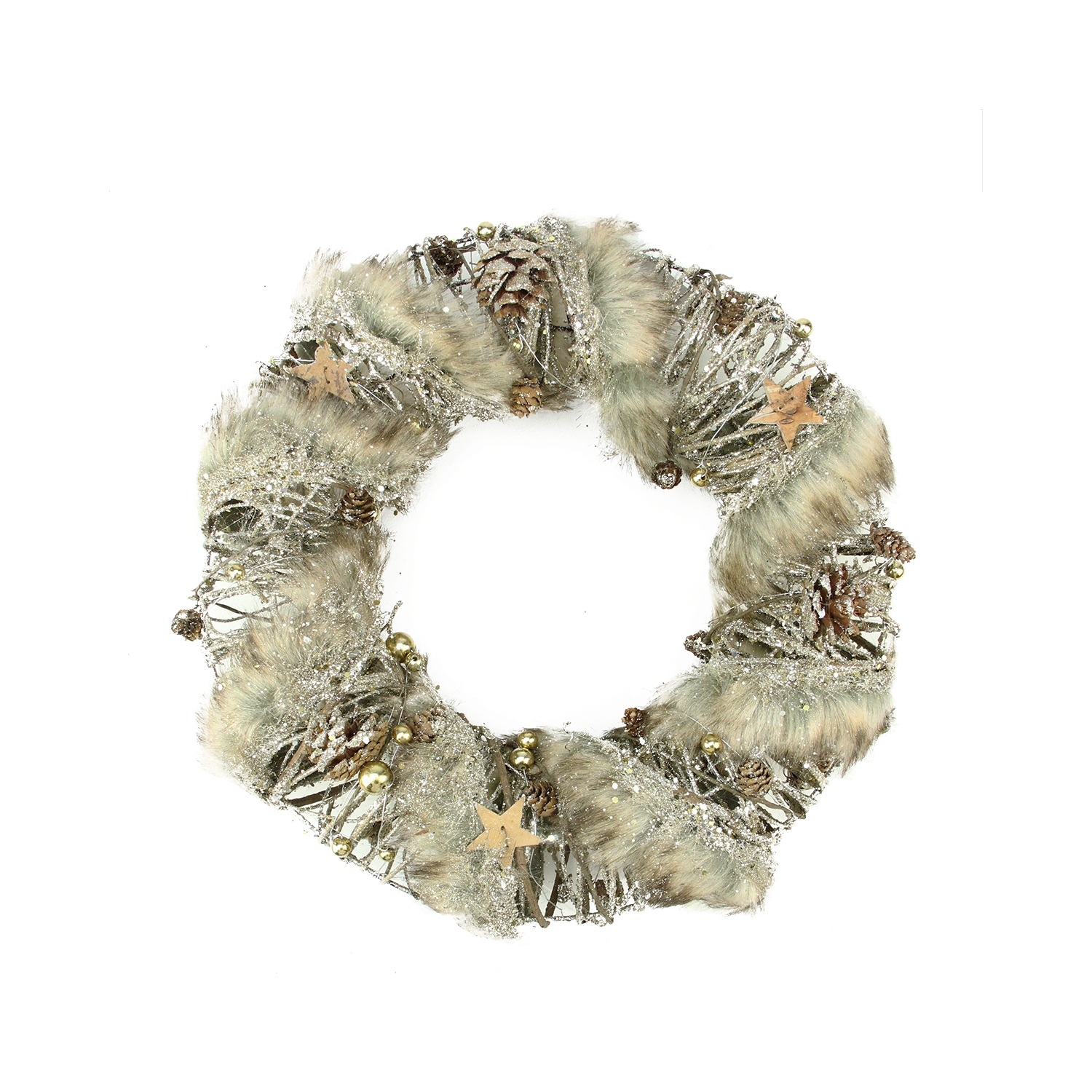 Couronne de Noël scintillante avec bordure en fausse fourrure de style rustique, brun, 13.5 po, sans éclairage