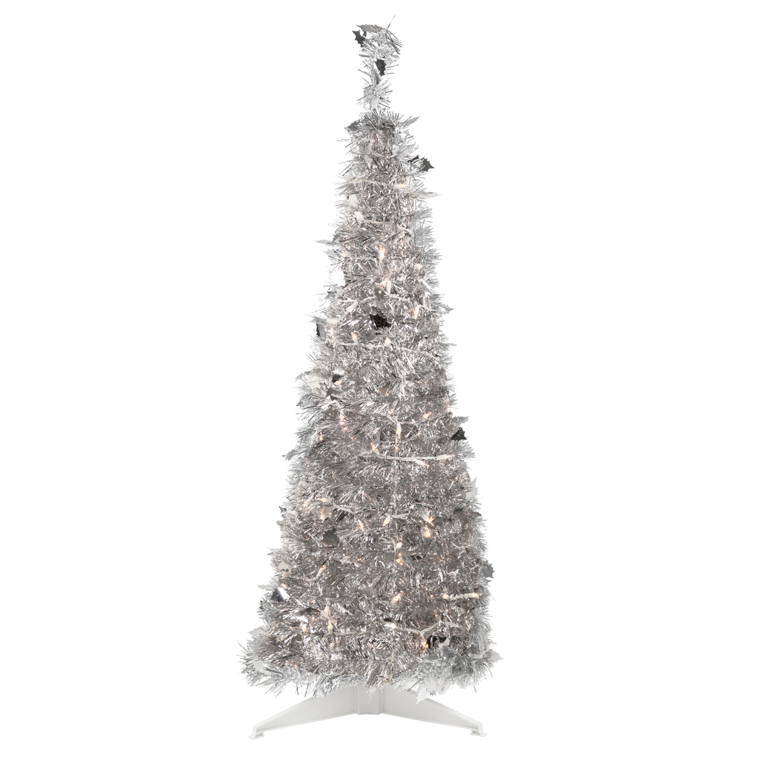 4' Pre-Lit Silver Tinsel Pop-Up Artificial Christmas Tree, Clear Lights