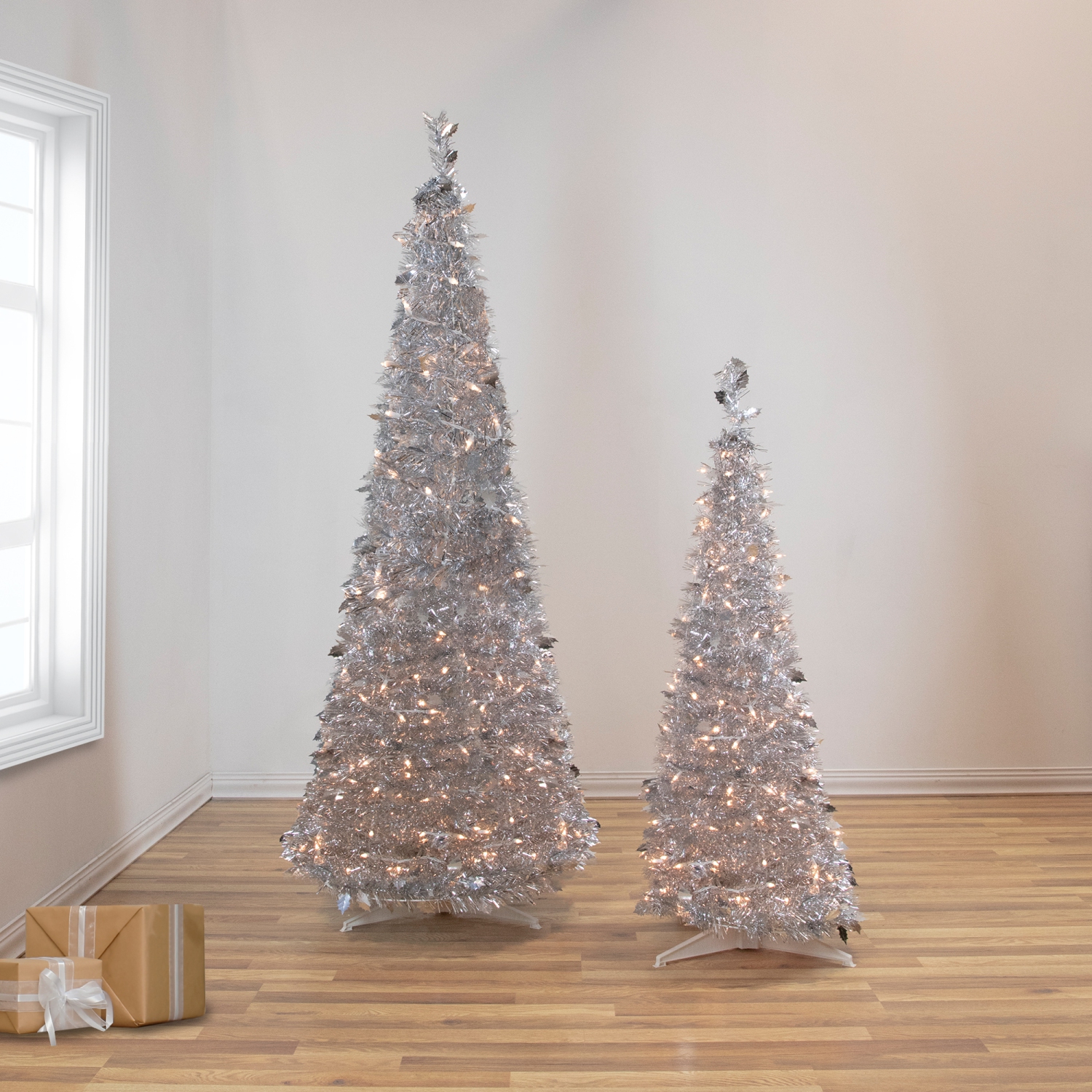 4' Pre-Lit Silver Tinsel Pop-Up Artificial Christmas Tree, Clear Lights