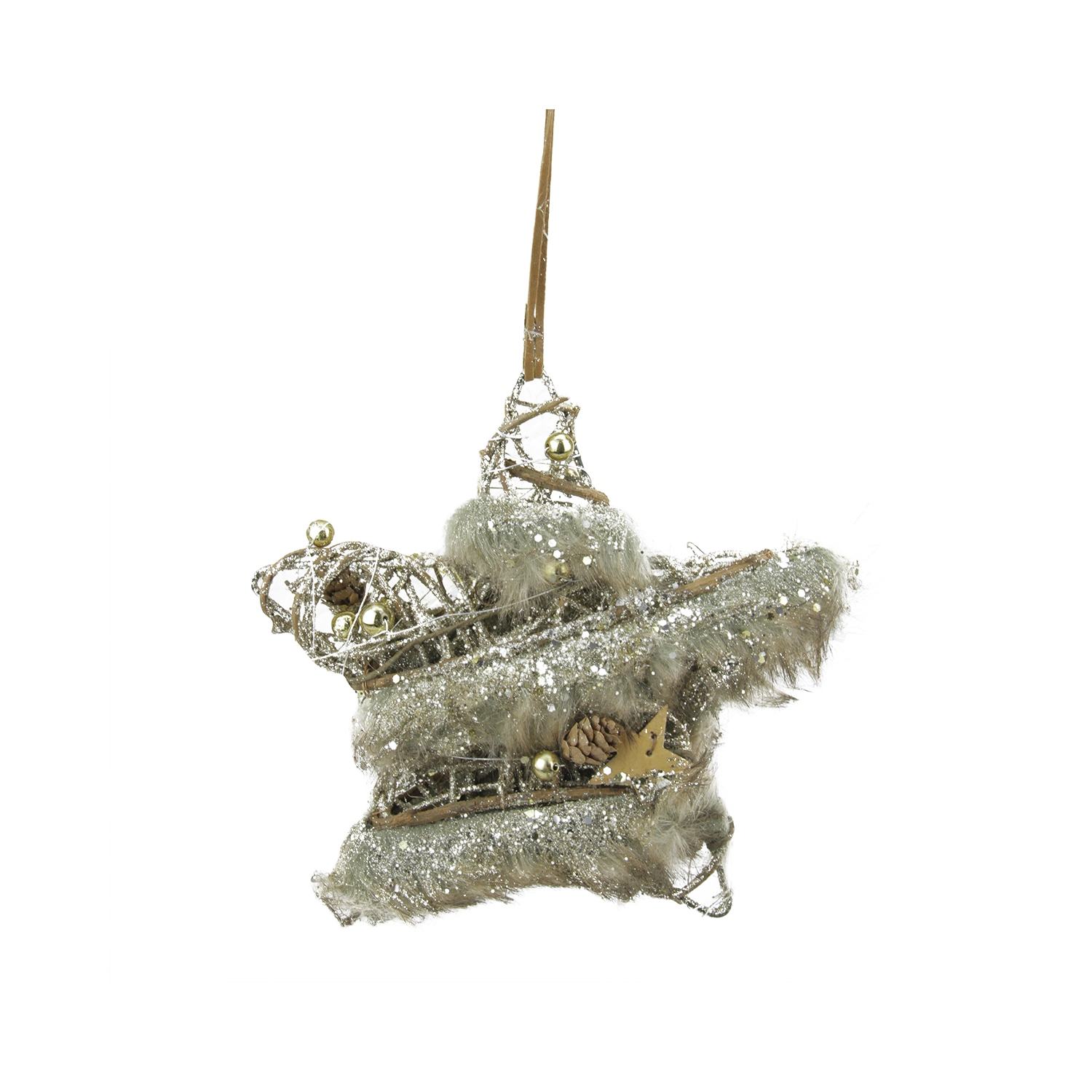 8.5" Silver and Brown Rustic Trim Glittered Star Christmas Ornament