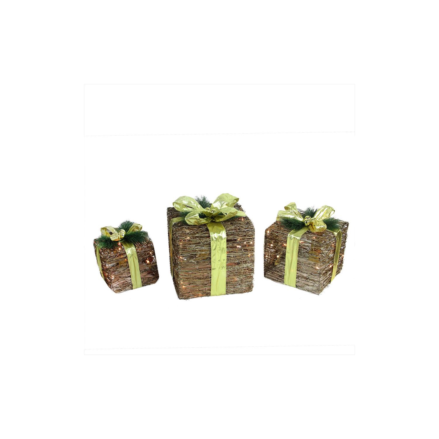 Ensemble de 3 boîtes-cadeaux lumineuses à paillettes brunes et vertes 12 po