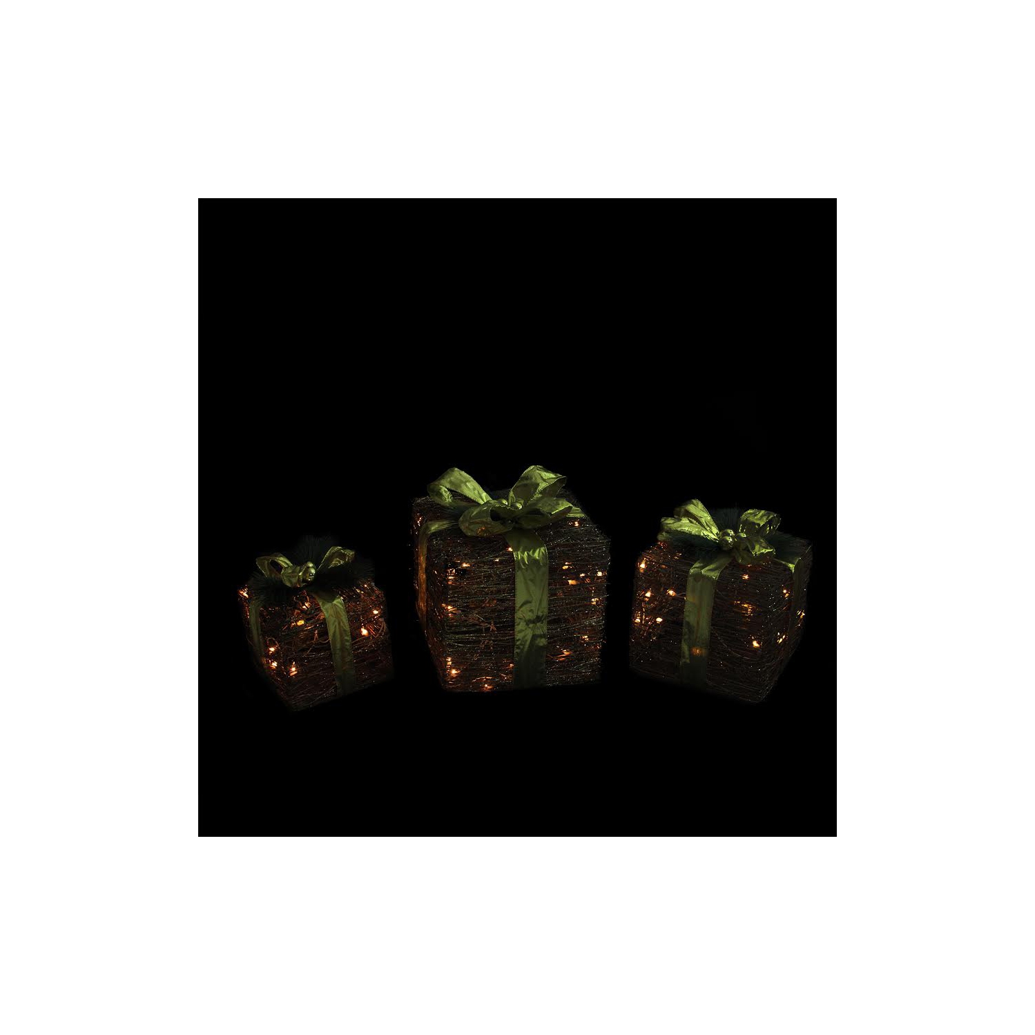 Ensemble de 3 boîtes-cadeaux lumineuses à paillettes brunes et vertes 12 po