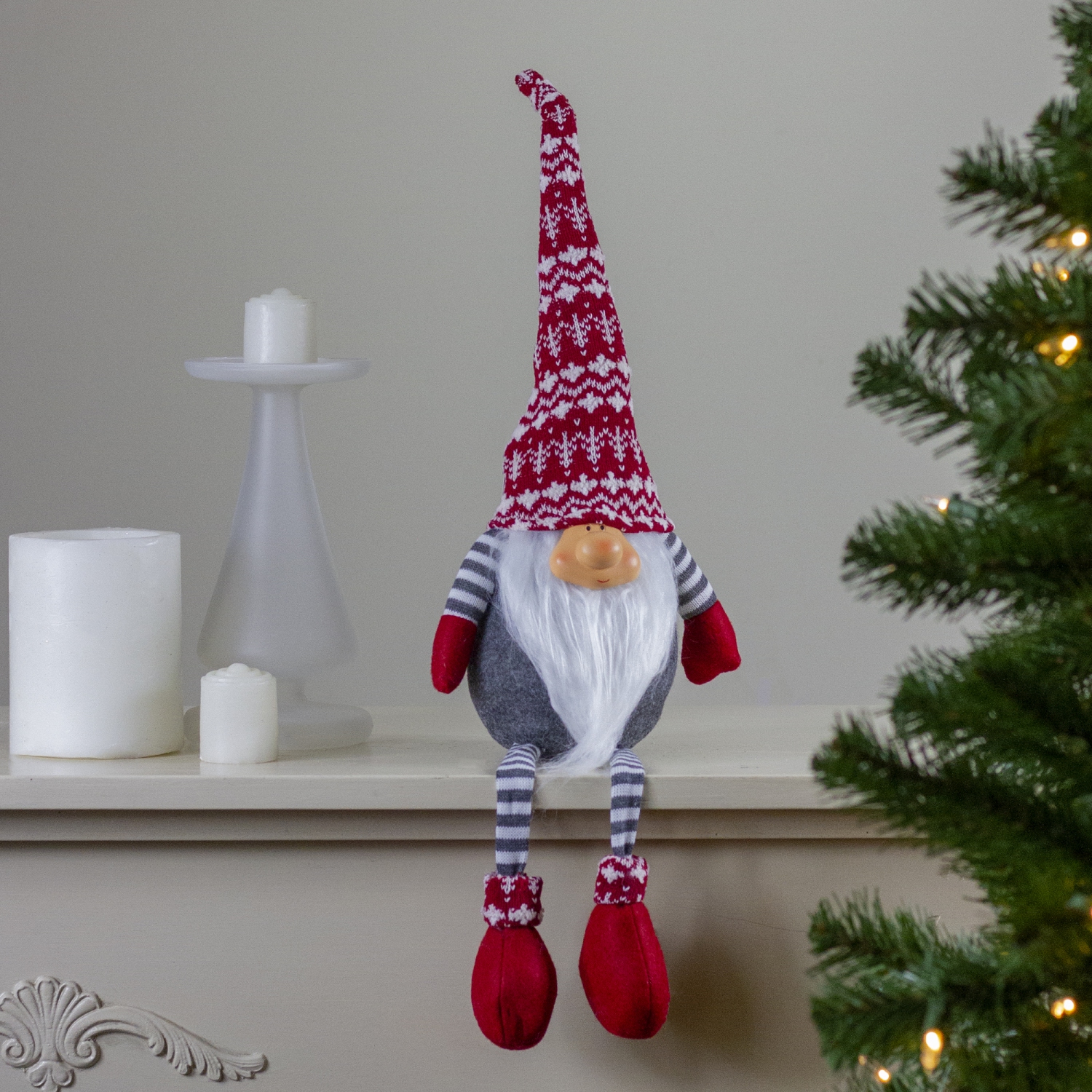24" Gray and Red Smiling Dangling Leg Christmas Gnome Decoration