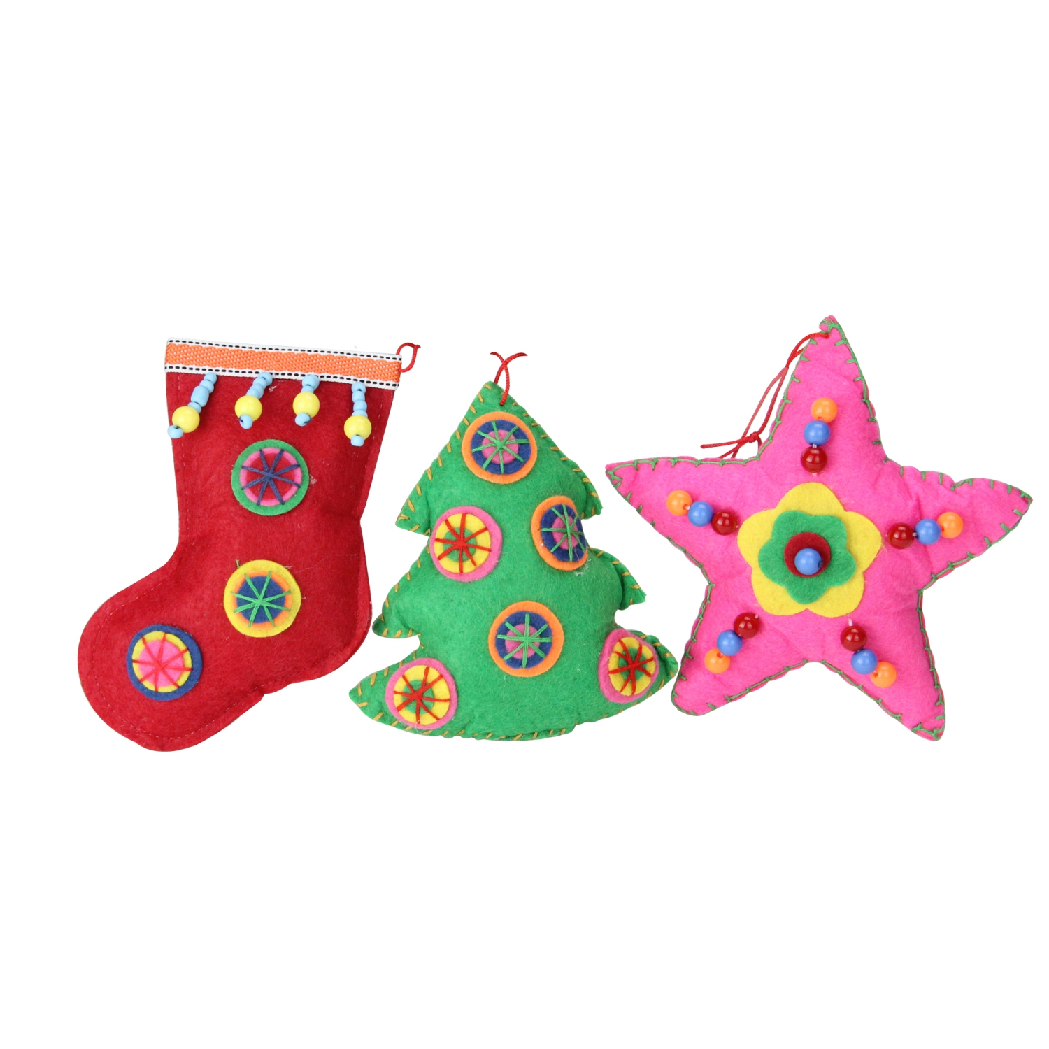 Set of 3 Vibrantly Colored Bohemian Plush Star, Tree, and Stocking Christmas Ornaments 5"