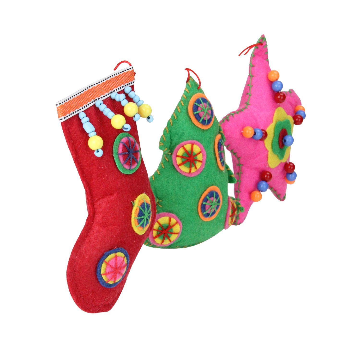 Set of 3 Vibrantly Colored Bohemian Plush Star, Tree, and Stocking Christmas Ornaments 5"
