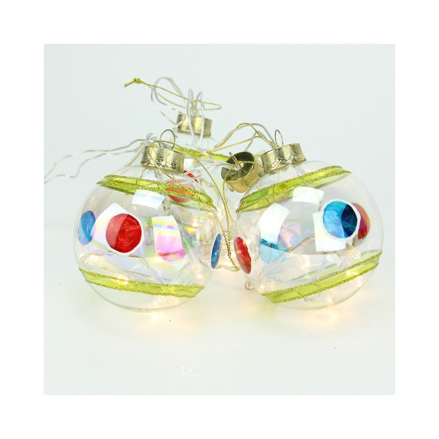 Set of 4 Clear Battery Operated LED Lighted Stripe and Dot lass Christmas Ball Ornaments 3.25"