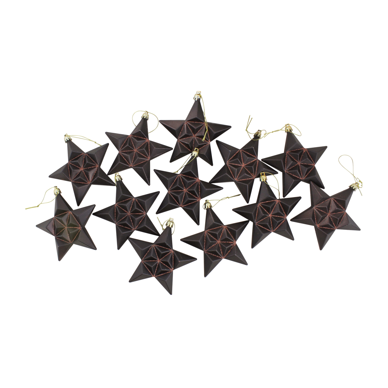 12ct Matte Chocolate Brown Glittered Star Shatterproof Christmas Ornaments 5"