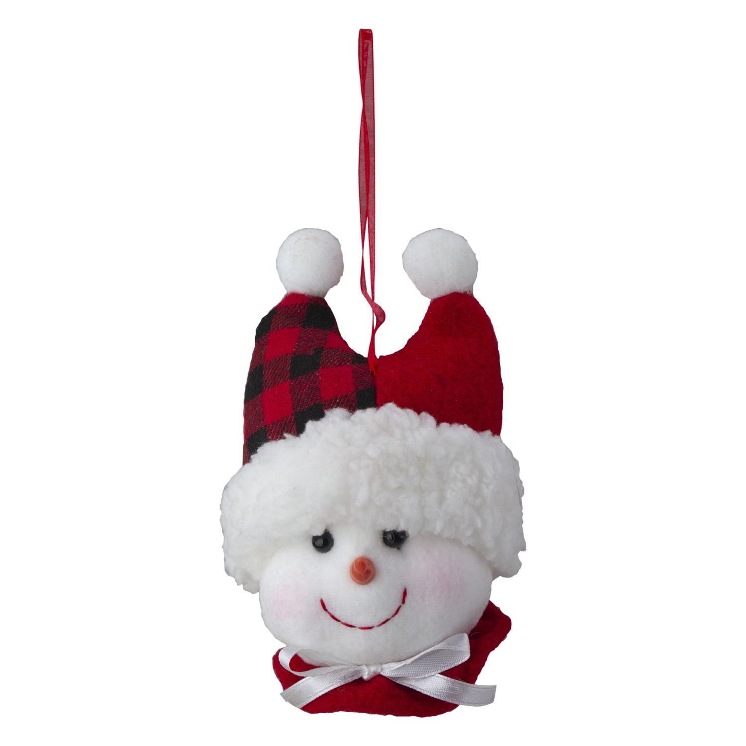 4.5" Snowman In a Red and Black Flannel Hat With a White Bow Christmas Ornament