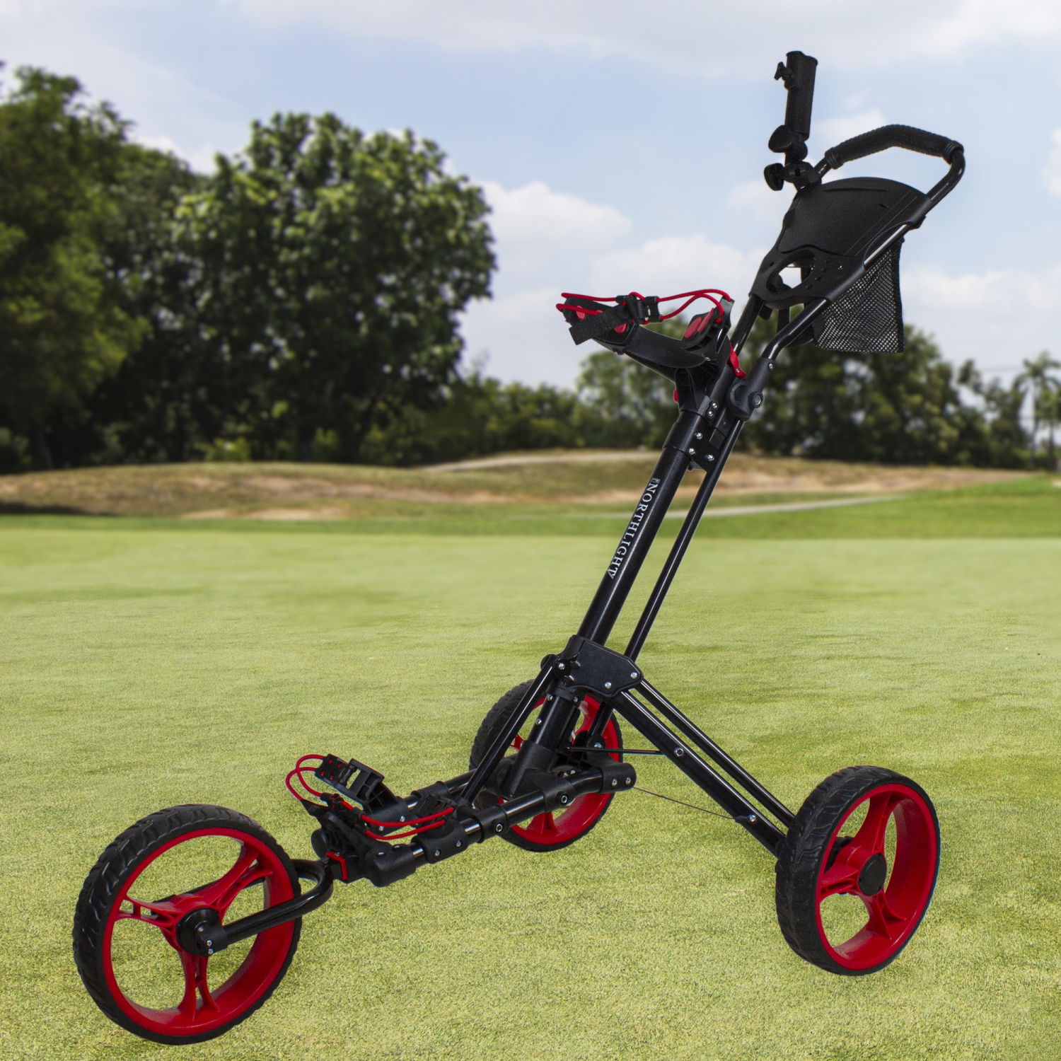 48" Black and Red Easy Folding 3 Wheel Golf Bag Push Cart