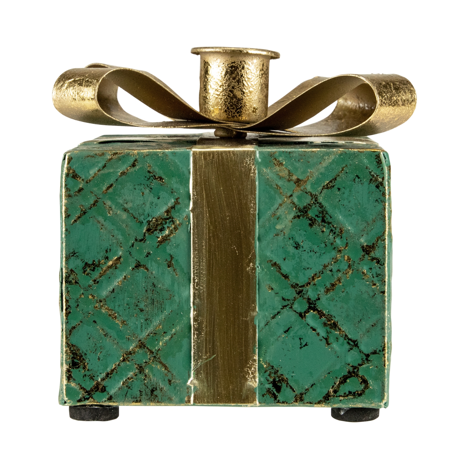 4.5" Green Metal Gift Box Christmas Taper Candle Holder